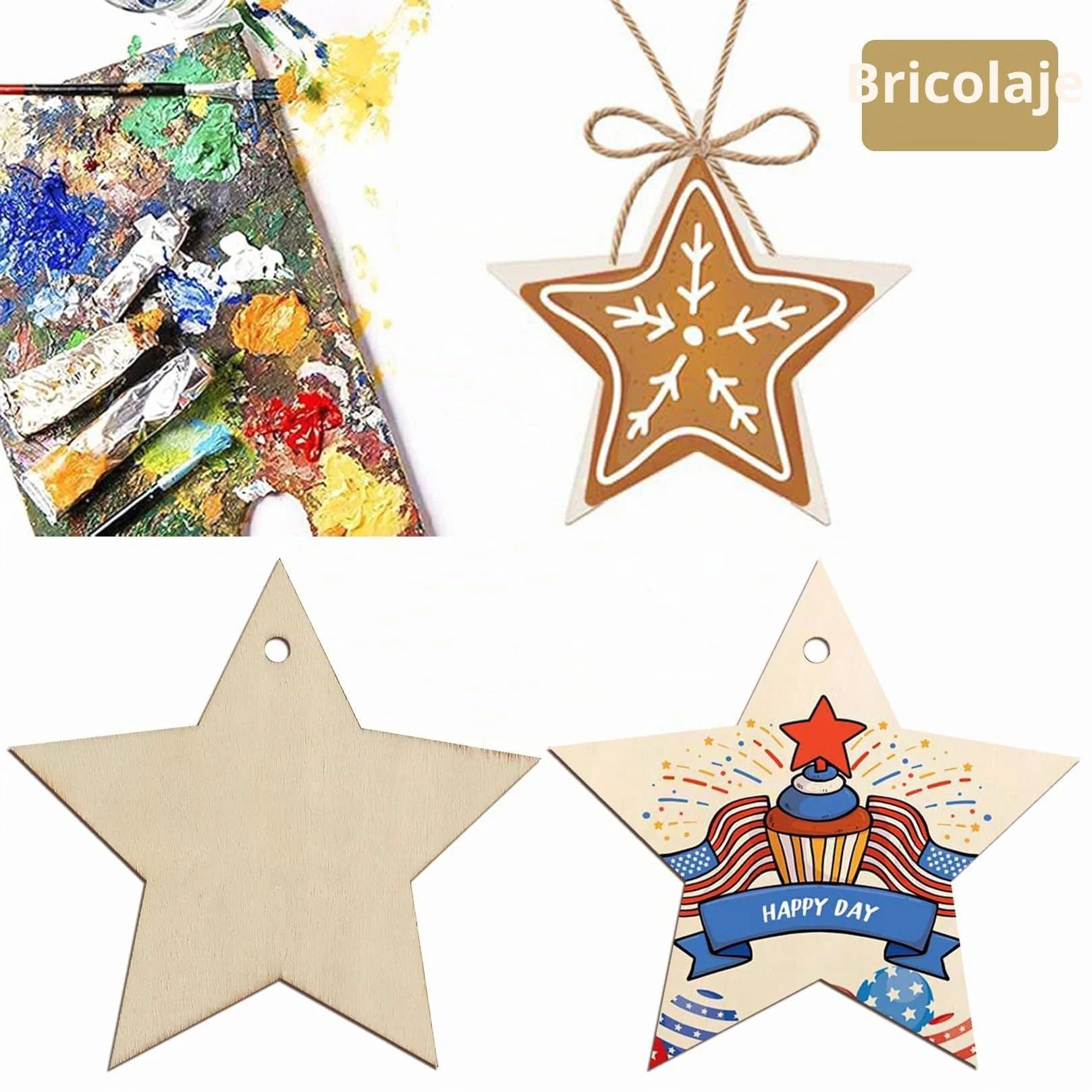 Estrellas de Madera Manualidades 40 Pcs Sin Acabado para Bricolaje Tallado Grabado Láser Pintura con Cuerda de Yute