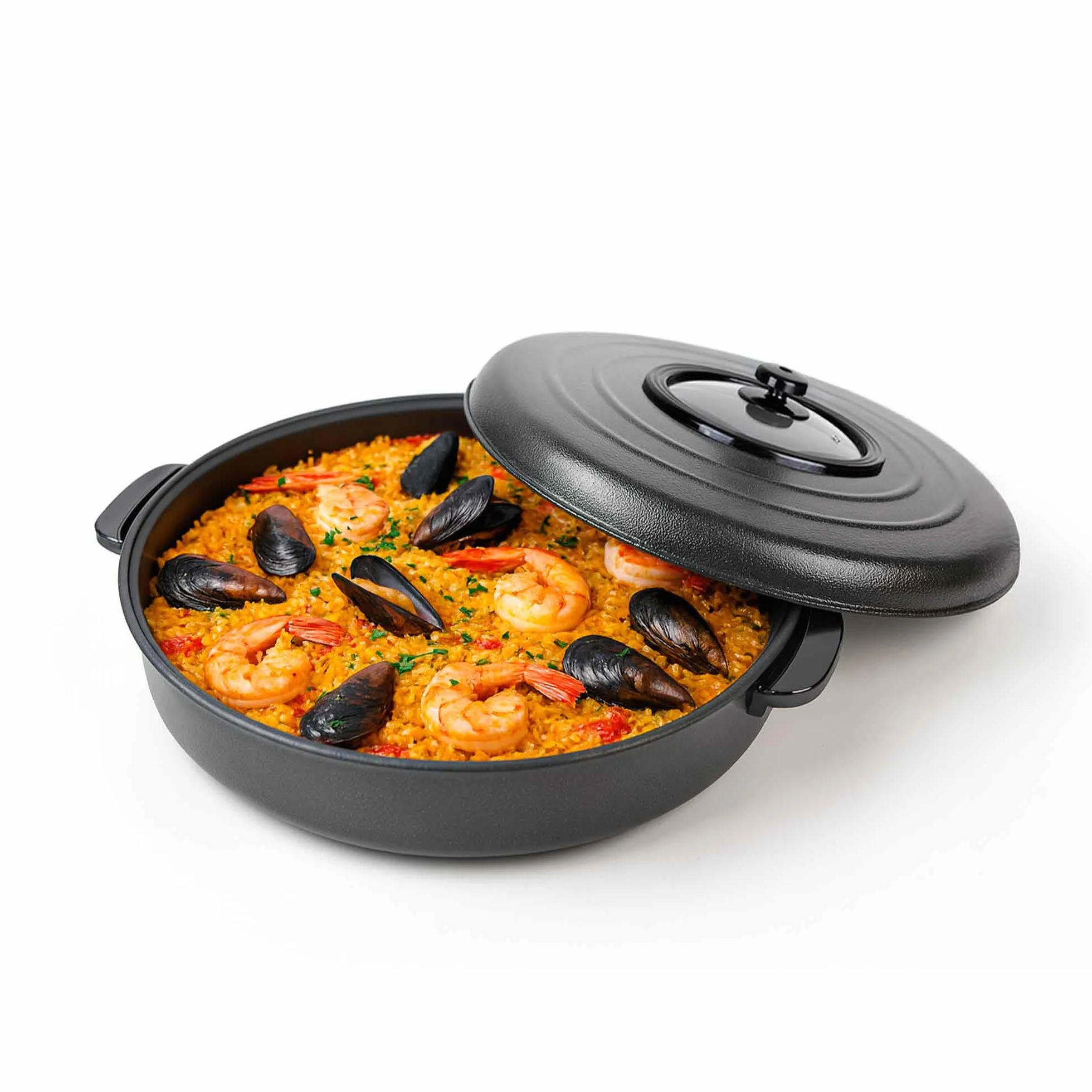 Jata PE550 - Paellera Eléctrica 55 cm con Tapa, Sartén Eléctrica Multifunción Antiadherente, 1900W, Gran Capacidad para Paellas, Guisos, Arroces y Reuniones Familiares