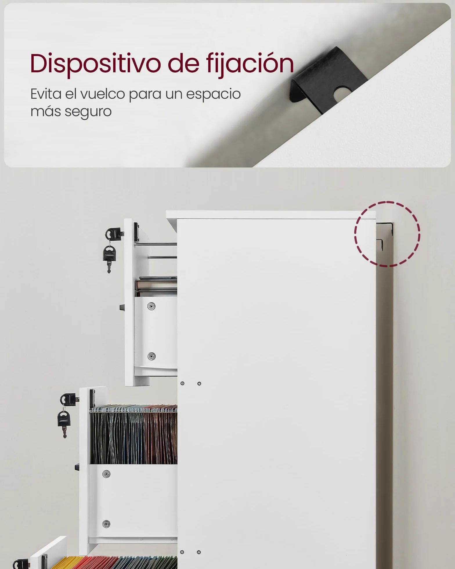 VASAGLE Armario de Oficina Archivador con 3 Cajones Bloqueables para Formato A4, Blanco Nube OFC055W14