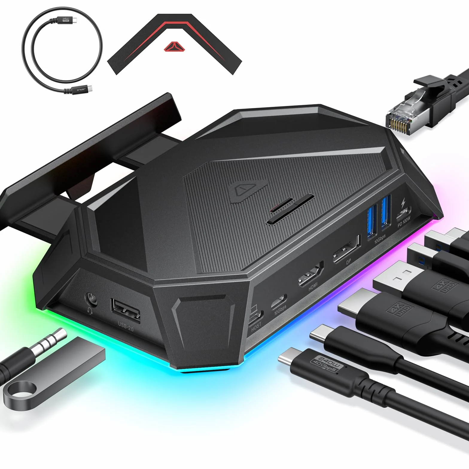 JSAUX Estación de Acoplamiento RGB para Steam Deck OLED, ROG Ally y Legion Go, Dock Portátil 12 en 1 con HDMI y DisplayPort 4K 120Hz, Ethernet Gigabit, USB C 3.2, USB A 3.2, SD TF, Jack 3,5 mm, Negro