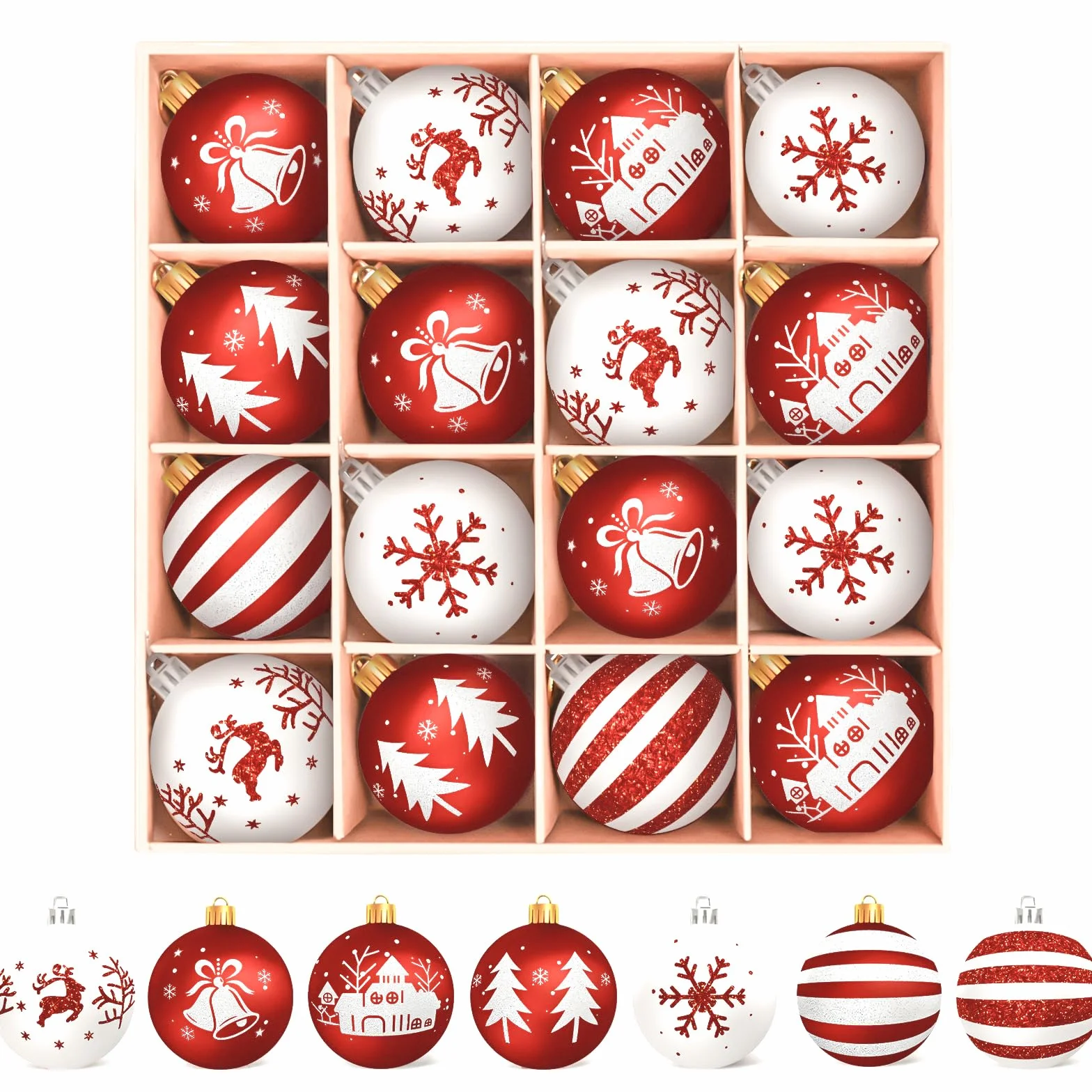 Bolas Arbol de Navidad Blancas y Rojas Adornos Arbol Navidad, 16 PCS Bolas de Navidad, Decoracion Arbol'Navidad, Bolas plástico de 6 cm con Gancho, 7 Tipos de Modelos
