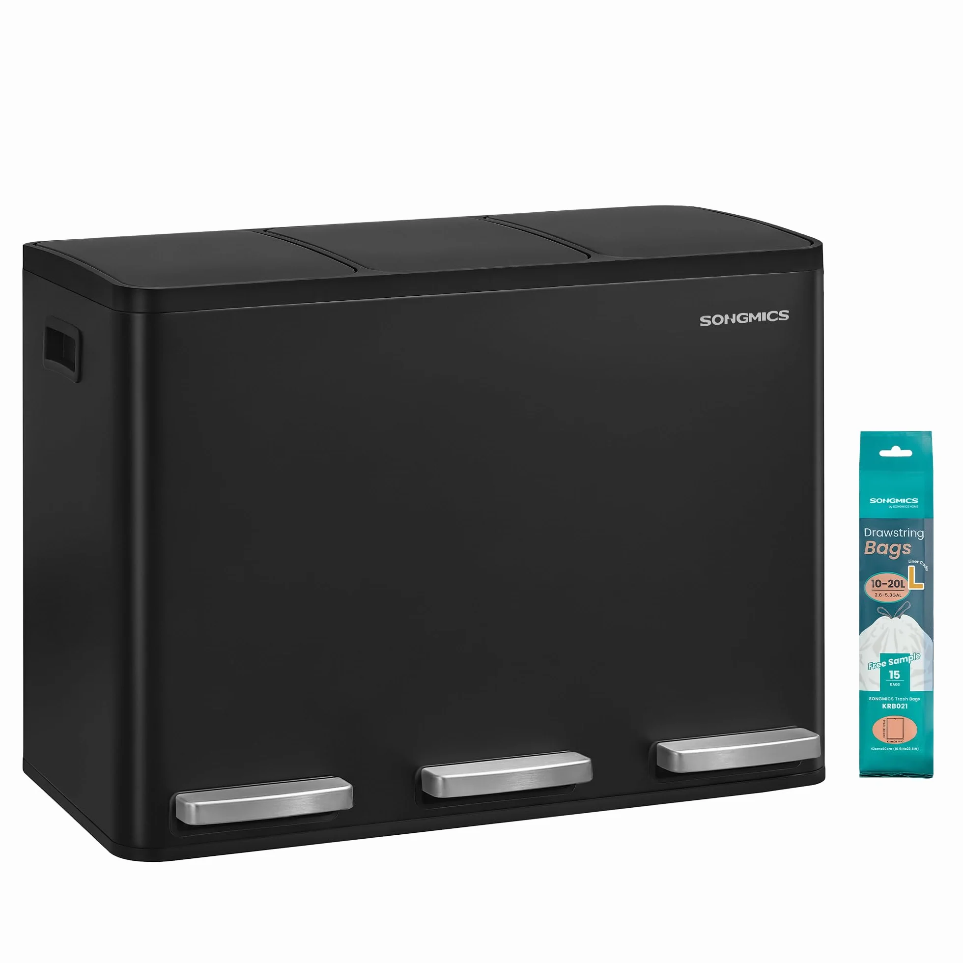 SONGMICS Cubo de Basura de Cocina de 3 x 15 L, con 3 compartimentos, 15 Bolsas, Cubos Extraíbles, Tapa, Asas, Cierre Suave, Acero, Negro Tinta LTB145BZ02