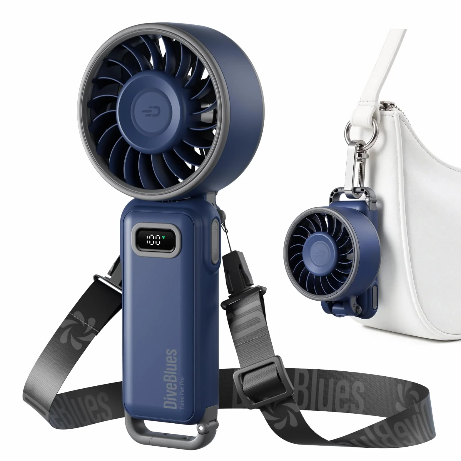 Diveblues Ventilador de Mano Turbo Portátil, 100 Velocidad, Flujo de Aire Potente de 7,4 m/s, Mini Ventilador Plegable 180° 4-en-1 para Mano, Cuello o Mesa, Recargable para Verano, Viajes y Exterior