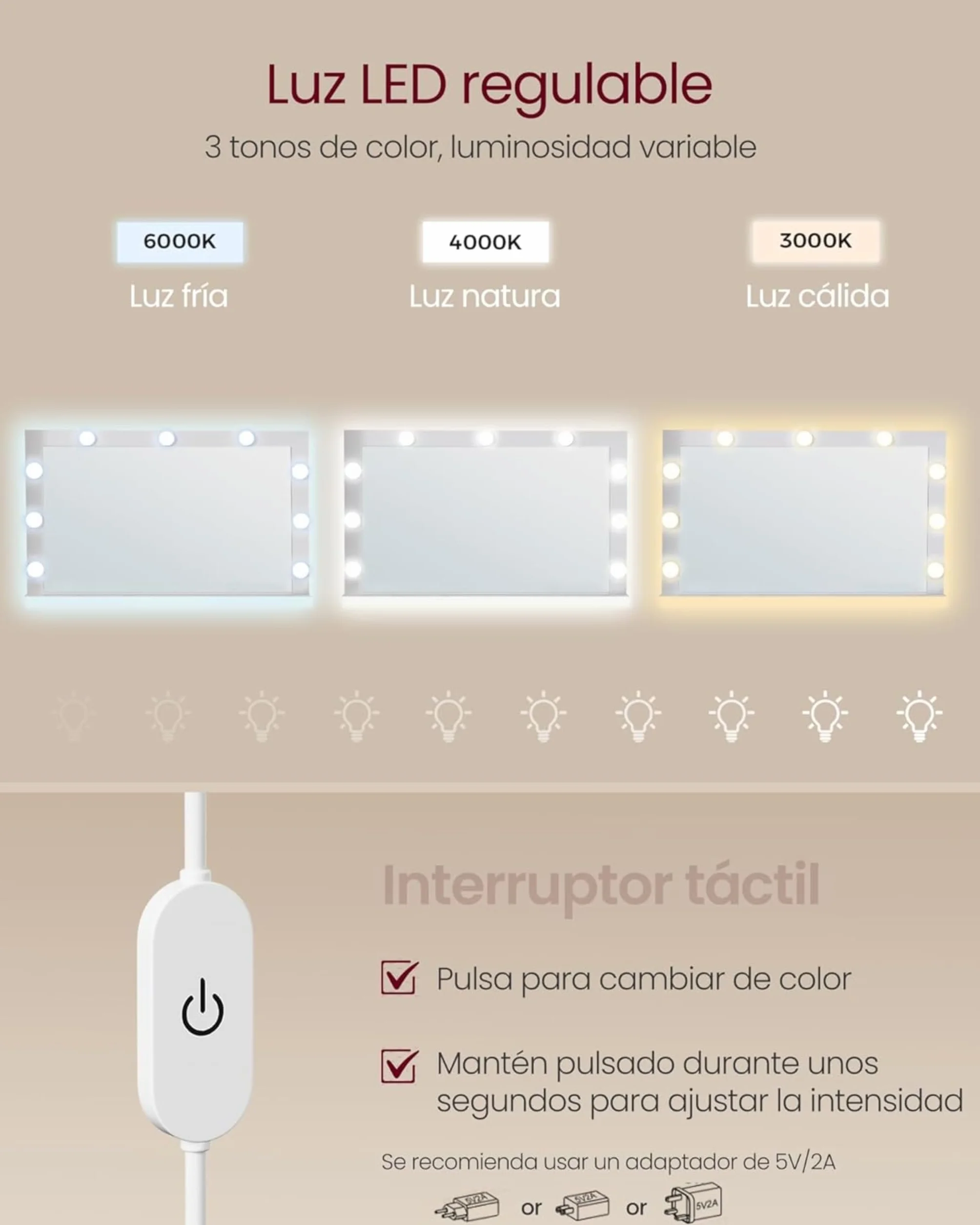 VASAGLE KAILYN Tocador Mesa de Maquillaje con Espejo Luces LED Brillo Ajustable 2 Cajones 3 Compartimentos Blanco Nube