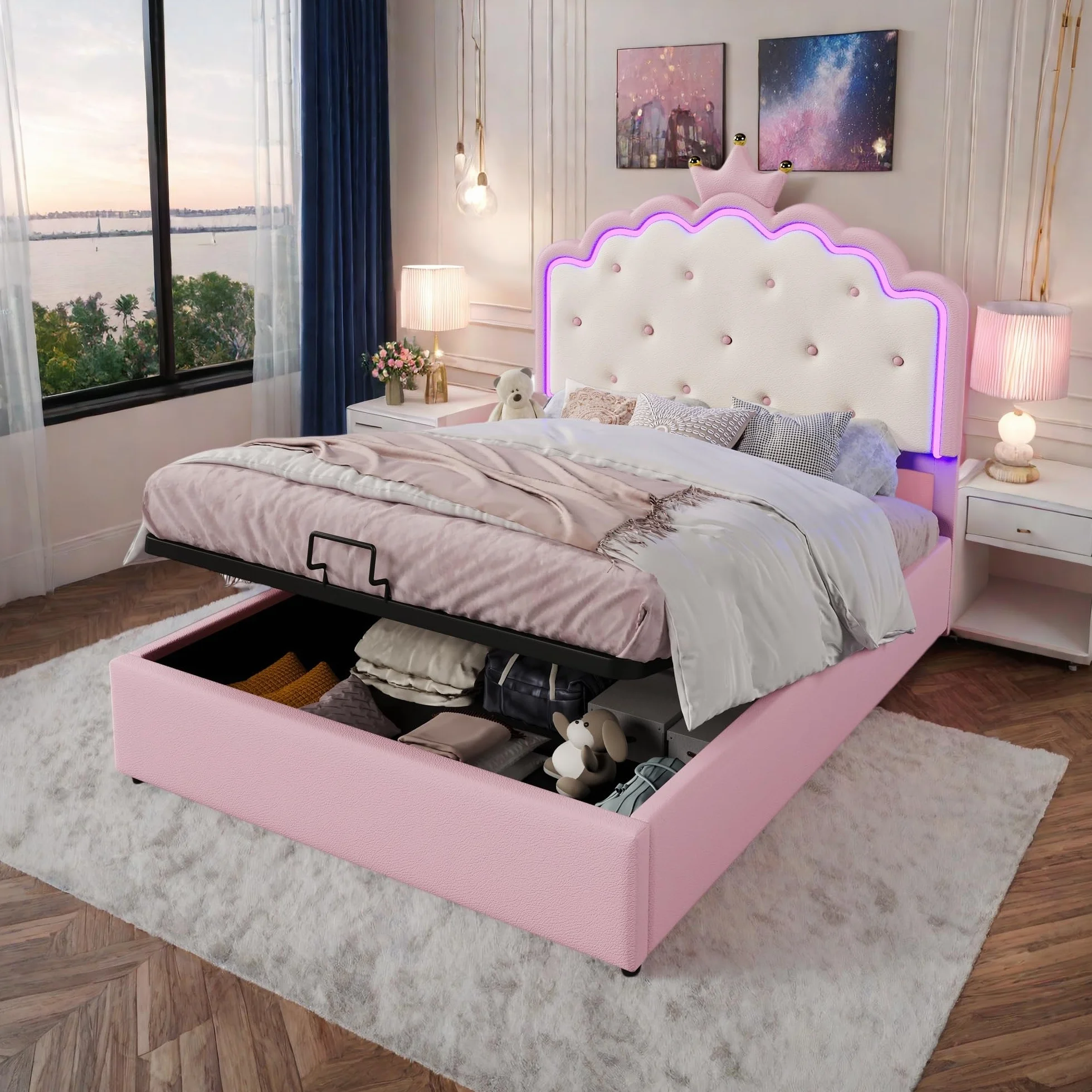 Cama Acolchada 140 x 200 cm,Cama contenedor hidráulico,Cama Individual con luz Ambiental con Mando a Distancia,Forma de Corona de Princesa,Cama con somier,Material PU,para Niños,Rosa