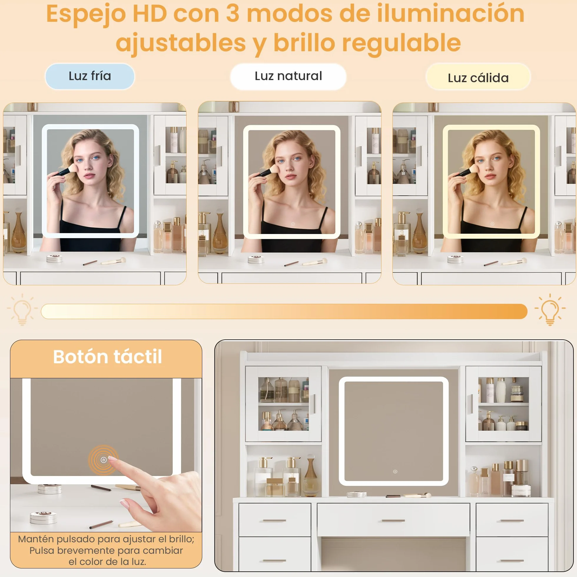 Tocador de Maquillaje con Luces LED Regulables, Mesa con Espejo, 2 Armarios Puertas Cristal, Blanco, 9 Cajones