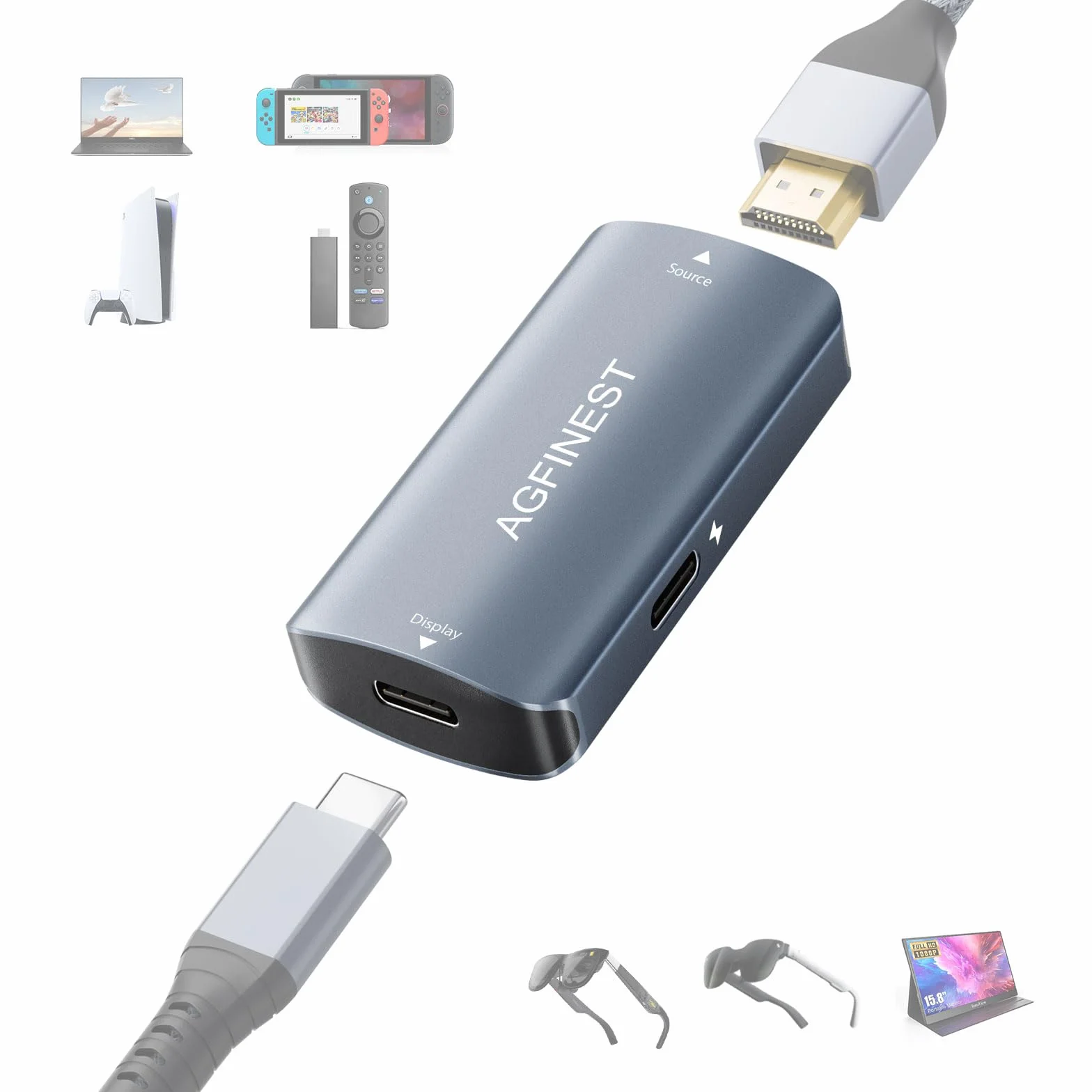 Adaptador HDMI a USB C 4K@60Hz – Convierte fuente HDMI a pantalla USB-C, carcasa de aluminio, compatible con PS5, Xbox, Switch, portátil, Fire TV Stick, gafas AR XREAL Rokid RayNeo monitor portátil
