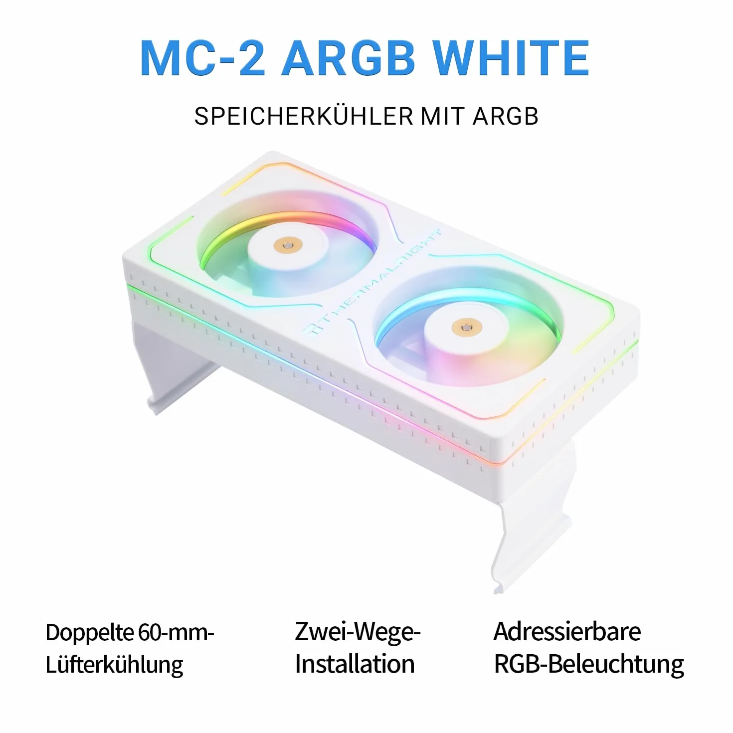 Thermalright MC-2 ARGB White Memory Cooler, ventilador dual con diseño PWM de 3200 rpm, enfriador RAM silencioso, flujo de aire de 16,17 CFM para kits de RAM DDR5/DDR4 de escritorio (blanco)