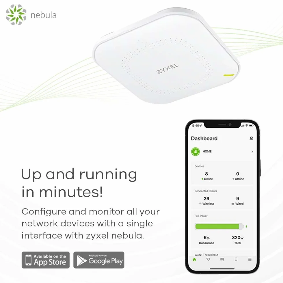 Zyxel WiFi 6 AX1800 Punto de Acceso | 802.11ax Doble Banda | Gestión en la Nube o Independiente | hasta 4 SSID | PoE | Fuente de Alimentación Incluida [NWA50AX]