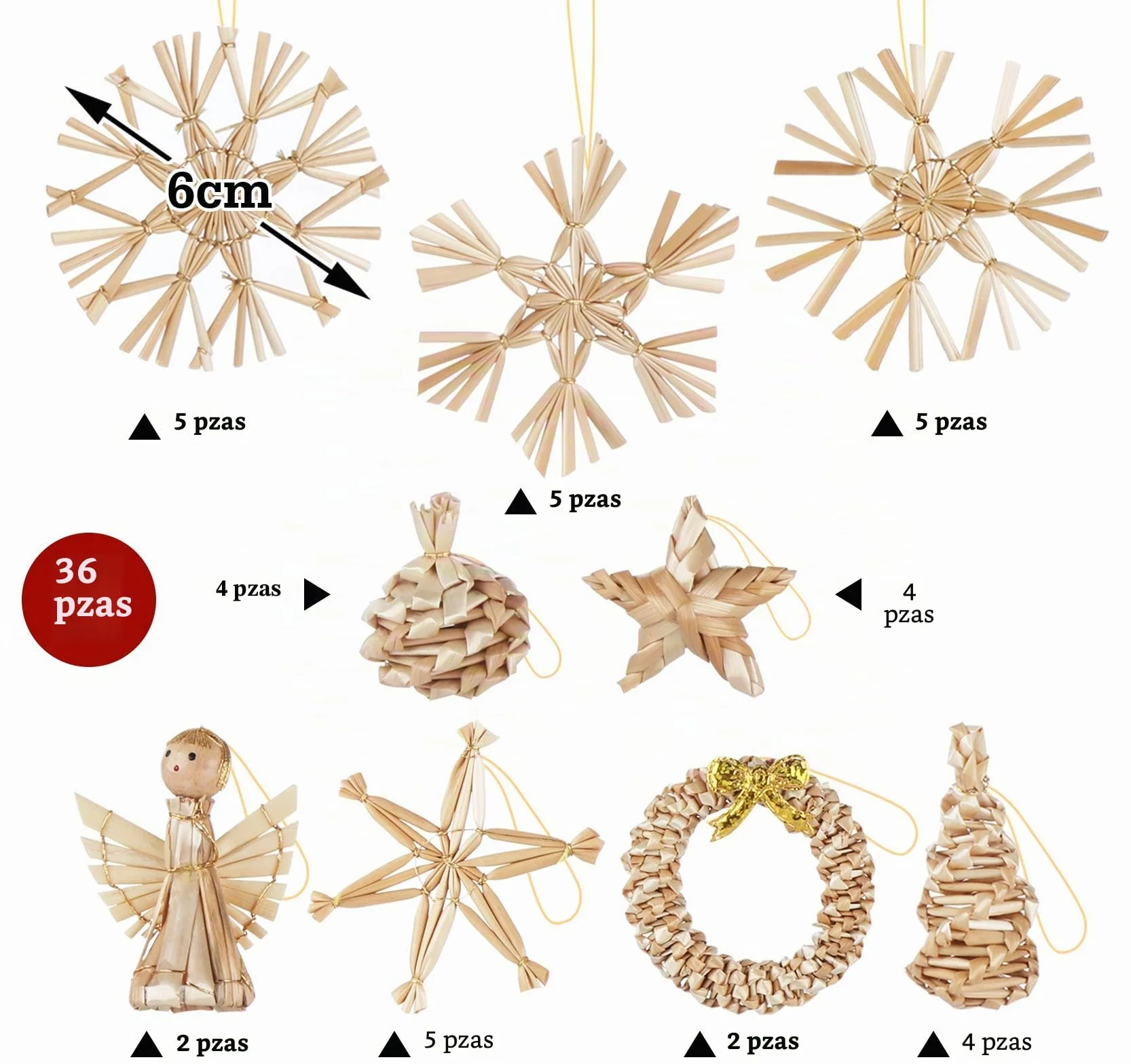 Agoer Juego de 36 Estrellas de Paja para Árbol de Navidad, Decoración Hecha a Mano con Acentos Naturales