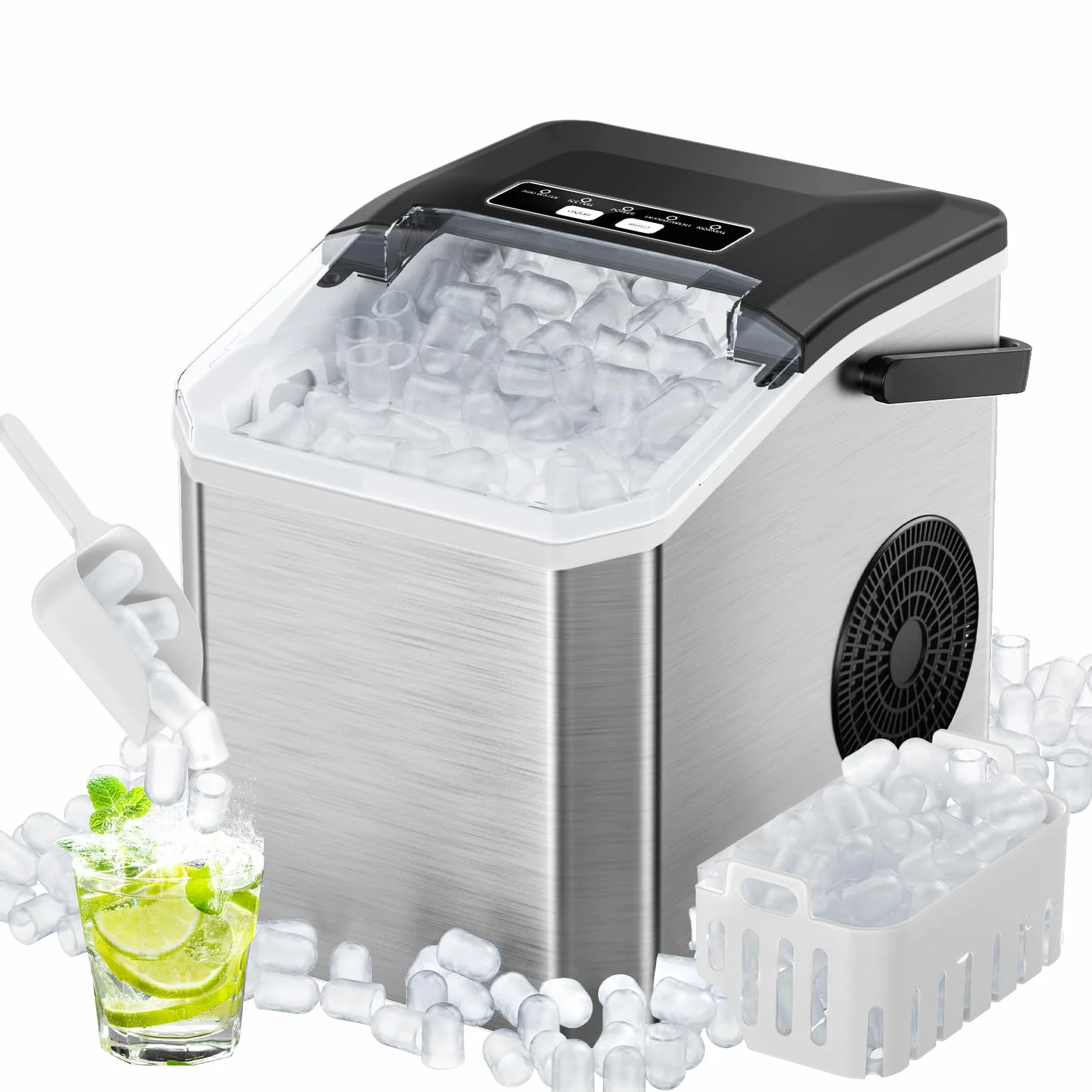 Máquina de Hielo Portátil 15kg/24h, 9 Cubitos en 6 Min, 2 Tamaños, Autolimpieza, Incluye Pala y Cesta, Negro/Acero