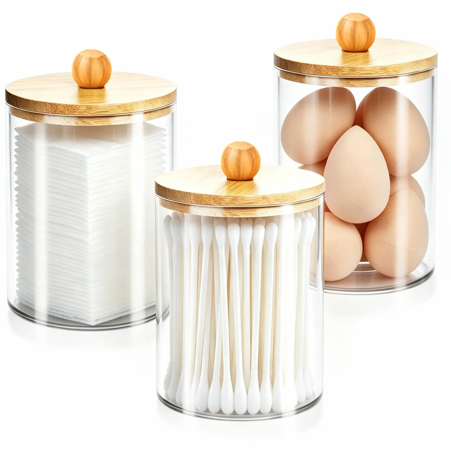 Set de 3 Organizador Bastoncillos de Algodón Acrílico con Tapa, Dispensador Contenedor Discos Desmaquillantes Bolas de Algodón Almacenamiento Cosméticos Baño Tocador, Transparente, Negro
