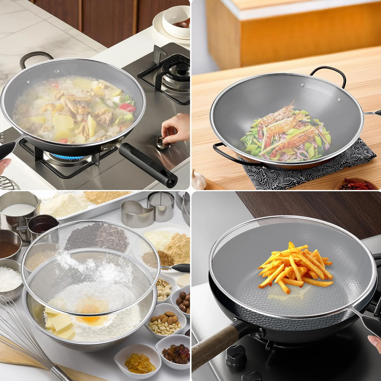 Tapa Antisalpicaduras Cocina Acero Inoxidable Malla Anti-Salpicaduras Mango 19/25/29cm 3 Piezas