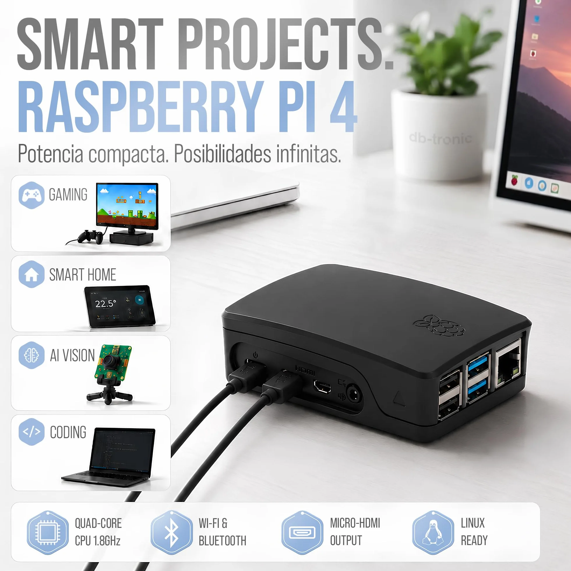 db-tronic Raspberry Pi 4 4 GB Starter Kit | Edición Negra 64 GB | Alimentación 15 W | Carcasa | Micro HDMI 4K | Disipadores | Lector USB | Ideal para Home Assistant y el Smart Home