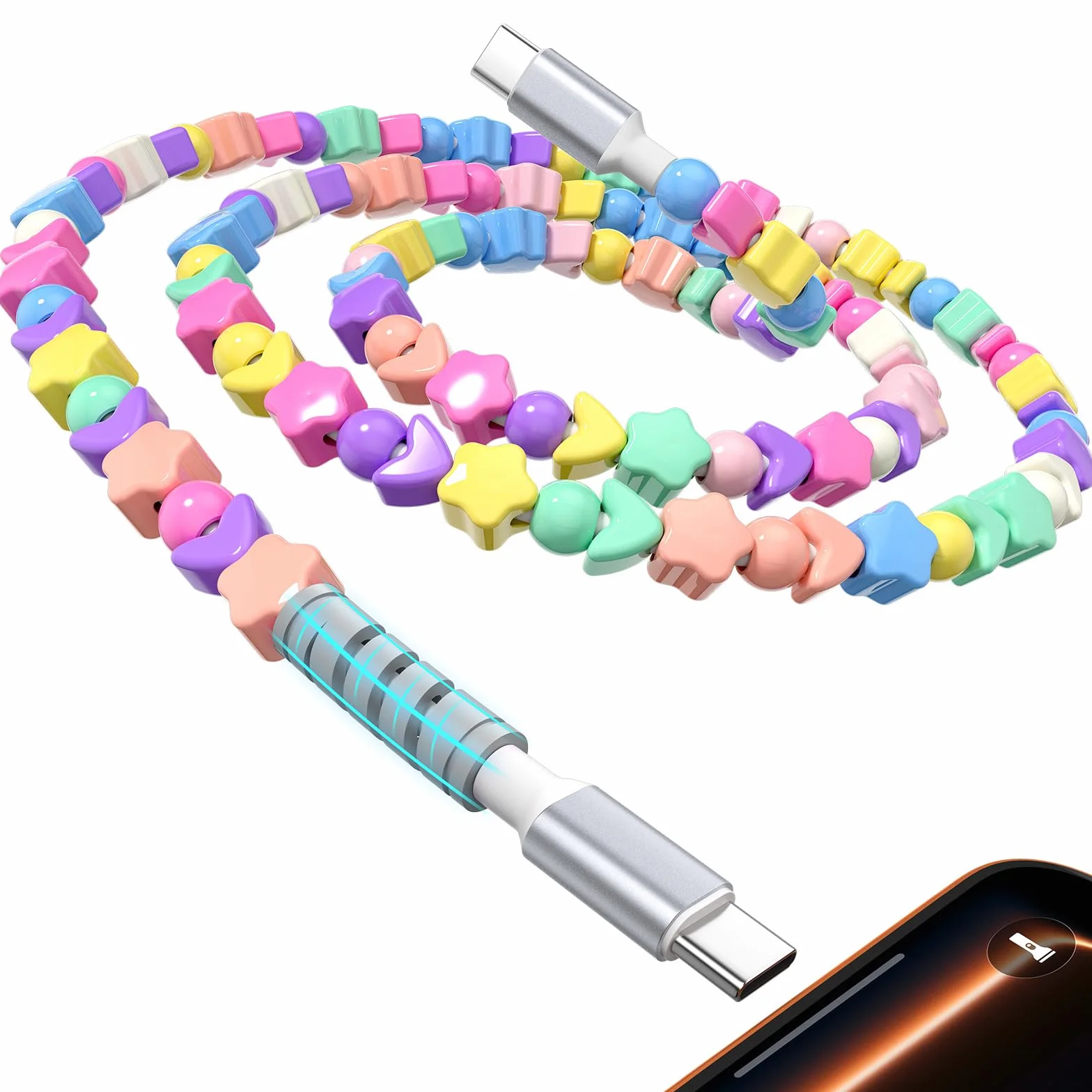 Cable USB C de carga rápida con cuentas, cable de carga rápida de 3.3 pies, 60 W, 45 W, 40 W, 30 W, 27 W, 25 W, USB-C a tipo C, cable PD para iPhone 17 Pro Max 16 15 16e para iPad A16 Galaxy S25 S24