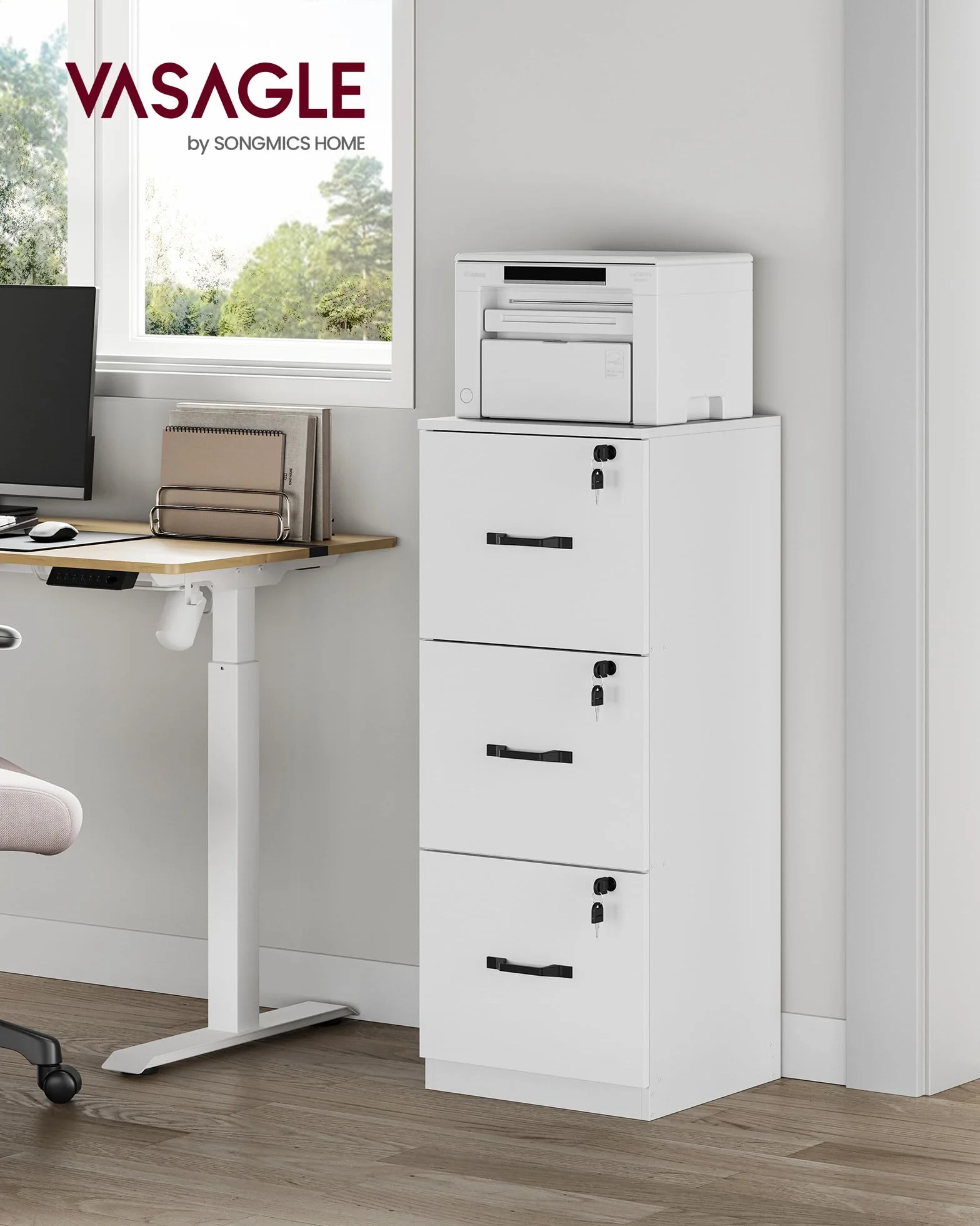 VASAGLE Armario de Oficina Archivador con 3 Cajones Bloqueables para Formato A4, Blanco Nube OFC055W14