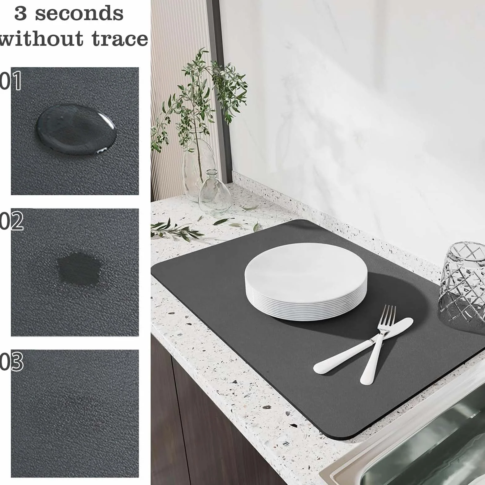 Alfombrilla Escurreplatos 50x40 cm Antideslizante Secado Rápido Plegable Gris Oscuro