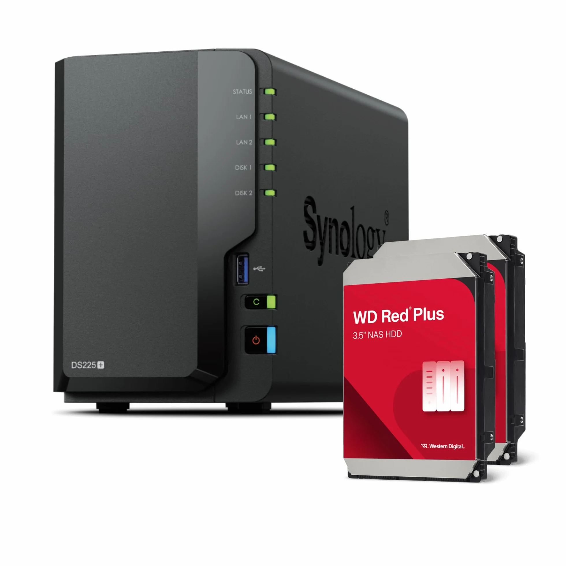 Synology DS225+ Servidor NAS de 2 bahías DiskStation (Intel Celeron J4125 Quad-Core, 2 GB Non-ECC DDR4 SODIMM 1 x 2,5 GbE y 1 x 1 GbE RJ-45 LAN-Port) Paquete de 8TB con 2X 4TB WD Red Plus