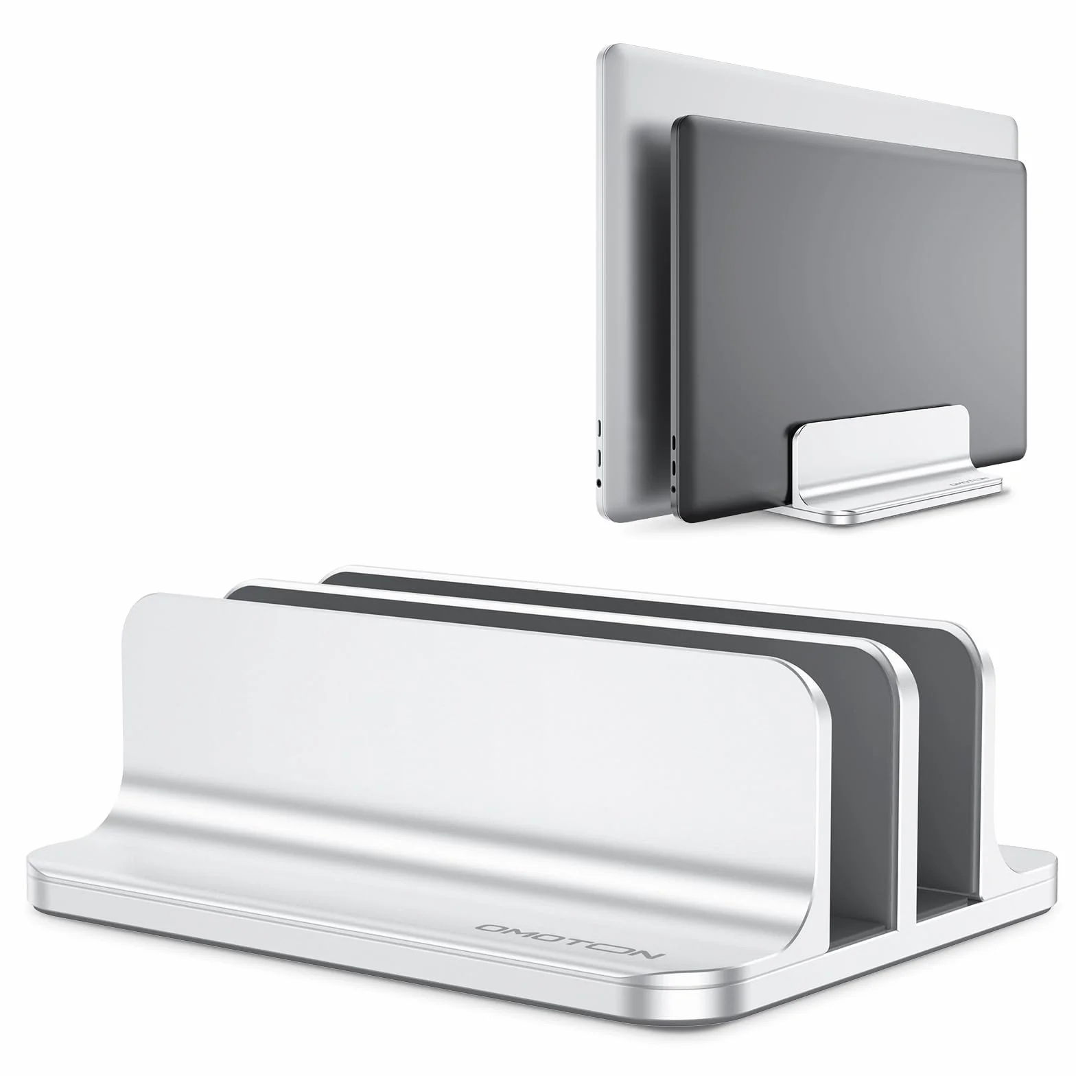 OMOTON [Versión actualizada de Doble Soporte Vertical para Ordenador portátil, Doble Soporte de Escritorio con Base Ajustable (para portátiles de hasta 17,3 Pulgadas) para Todos los MacBook Air/Pro