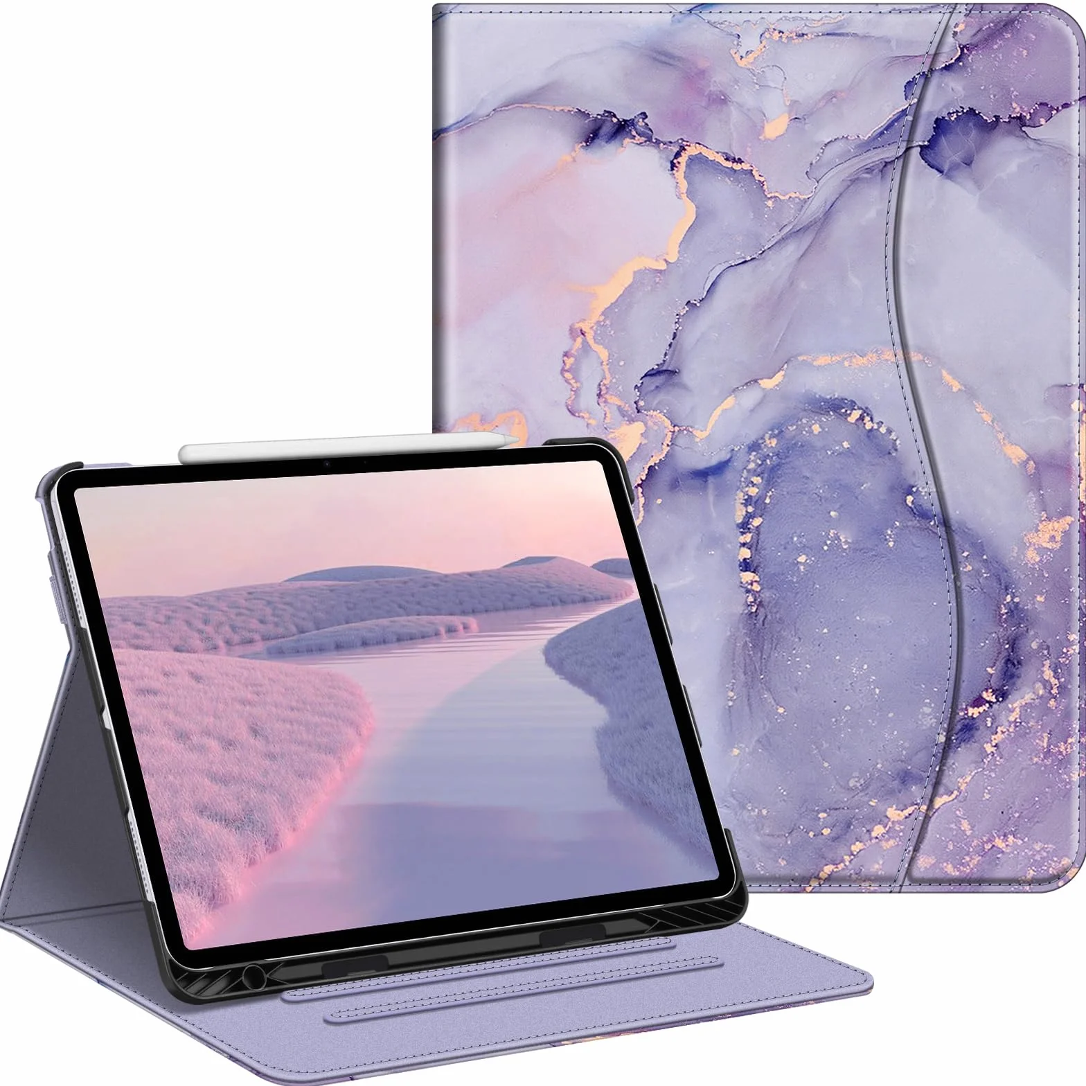 Fintie Funda para iPad Air de 13 Pulgadas (M3) 2025 / (M2) 2024, Funda Protectora de visualización multiángulo con Soporte para lápices y Bolsillo, Apagado y Encendido automático, mármol Lila