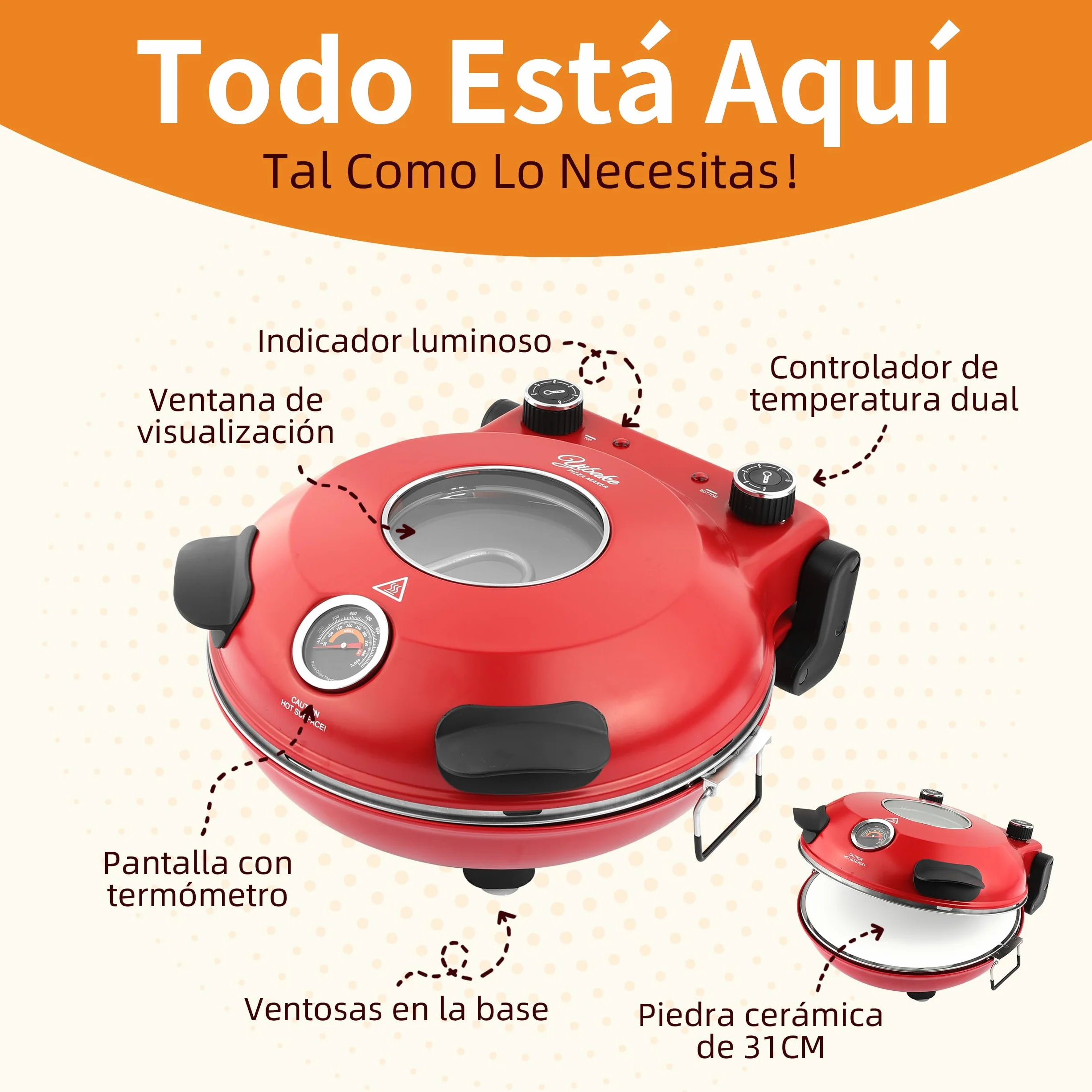Horno Pizza Eléctrico 4 Minutos, Piedra Refractaria Desmontable, 420℃, Ventana Visualización, Rojo