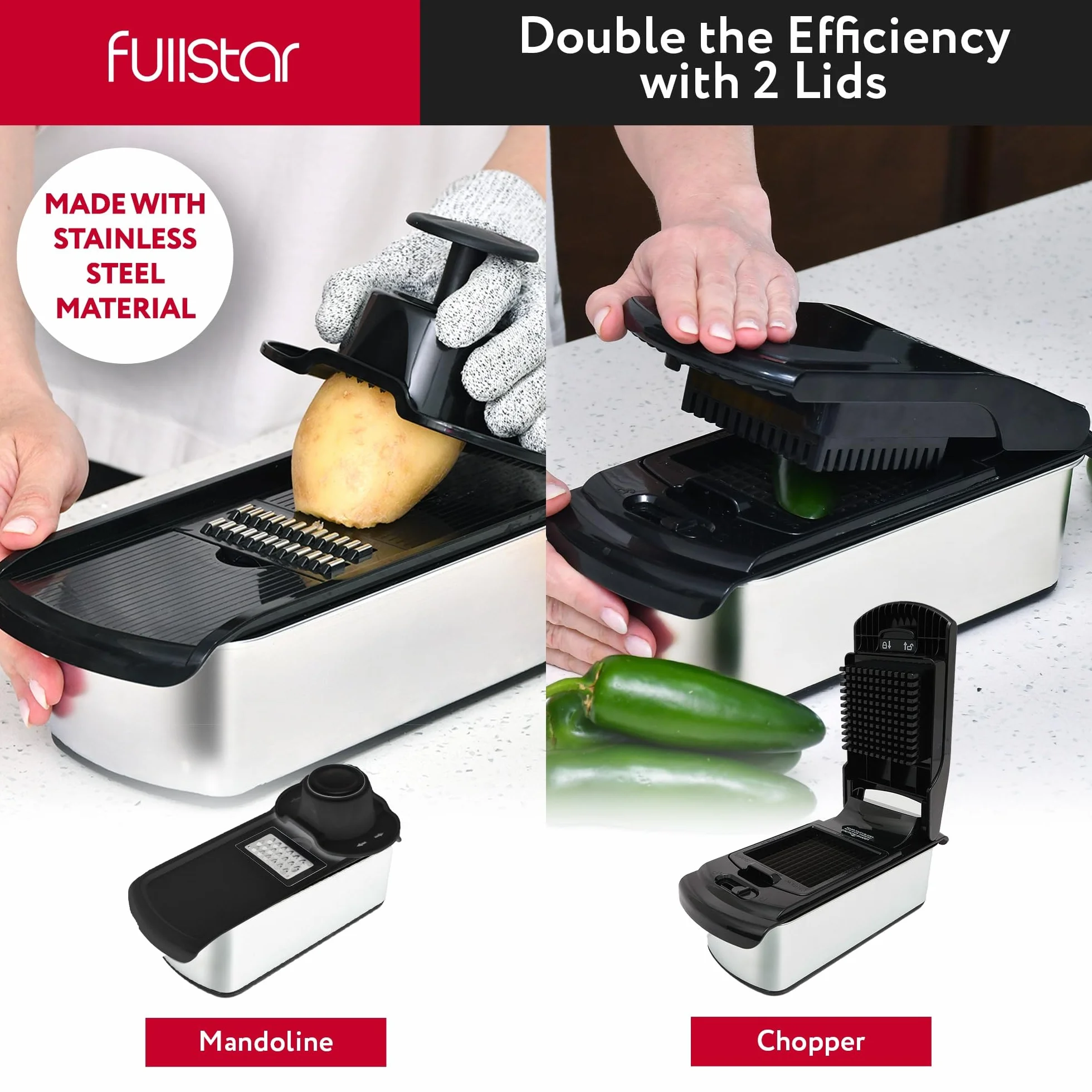 Fullstar Multifuncional Cortador de Verdura Profesional 14-en-1 - Mandolina Rallador Picadora Manual - Utensilios de Cocina Inox Negro