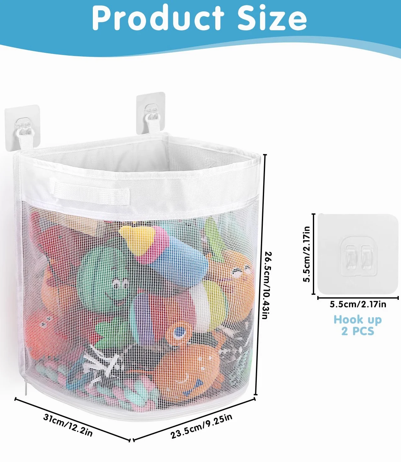 Bixury bolsa organizadora de juguetes para bañera malla 26,5×23,5×31 cm 2 ganchos autoadhesivos