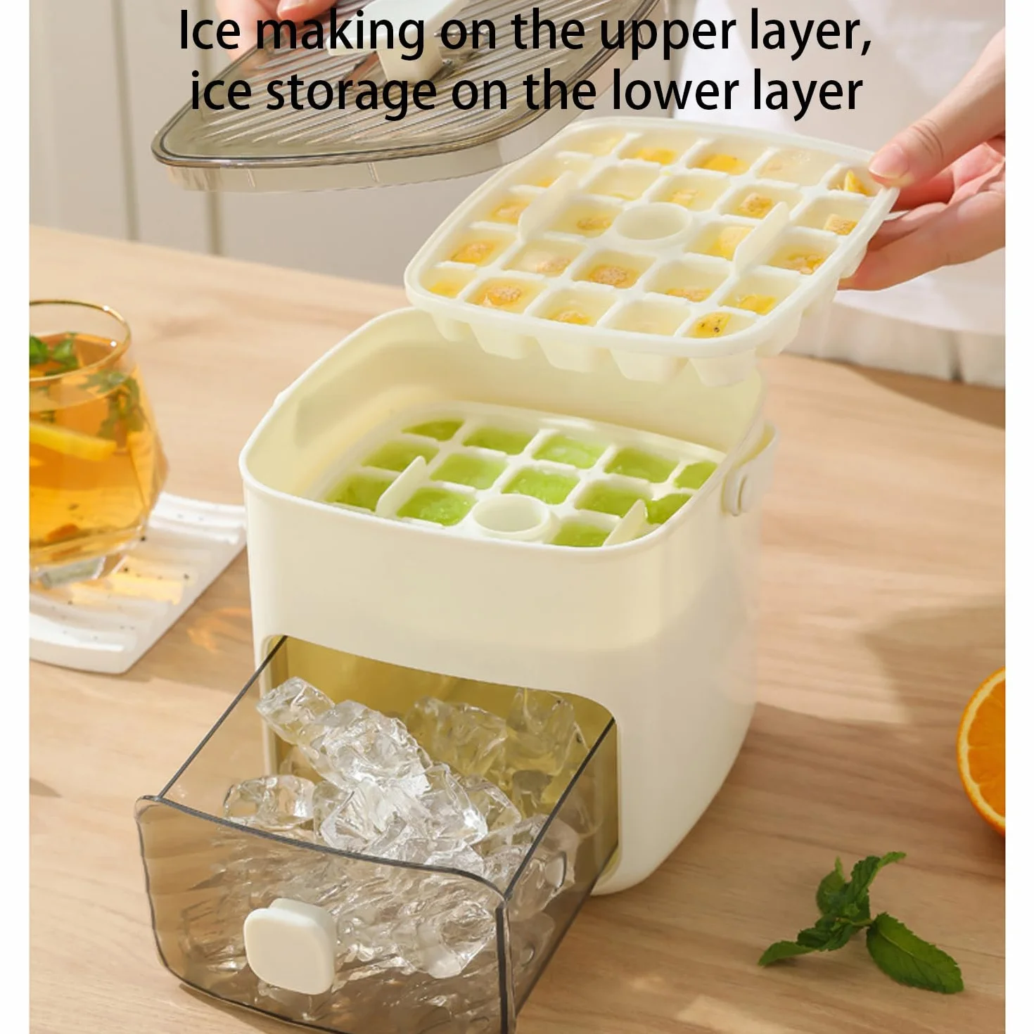 Máquina para hacer hielo, libera cubitos en un segundo, 48 bandejas, asa y pinzas