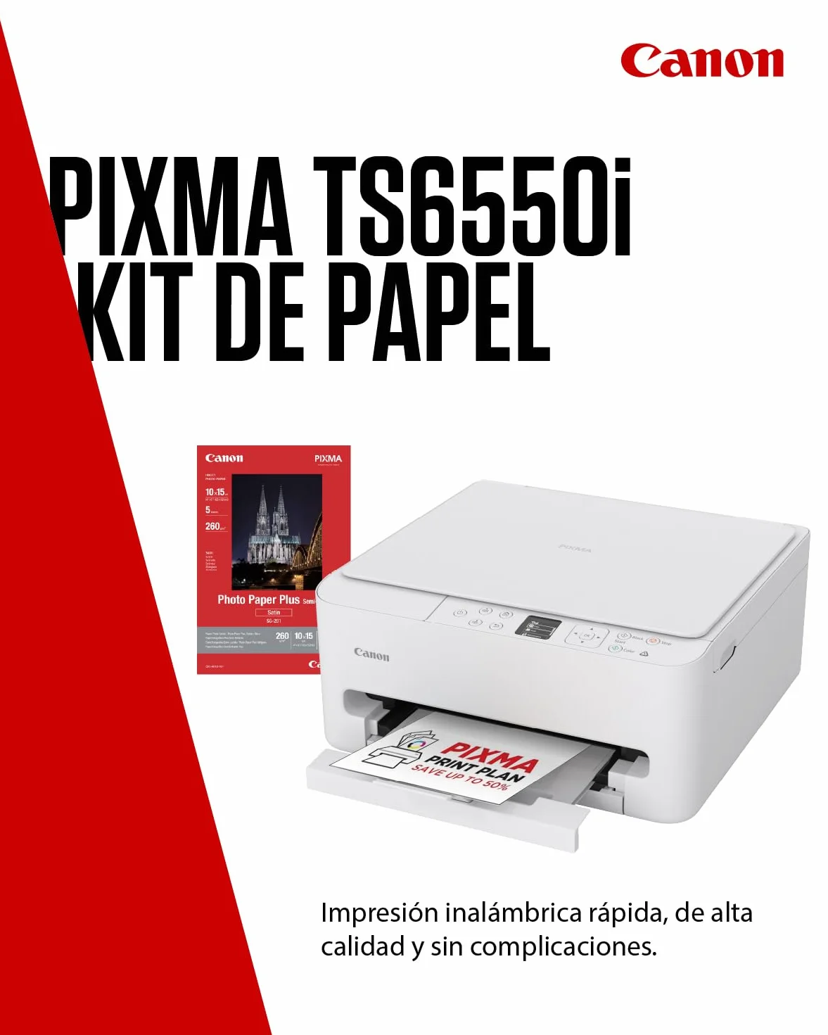 Canon PIXMA TS6550I - Impresora Todo en Uno con Conectividad Wi-Fi y Pantalla OLED de 1,42 PIXMA Print Plan - Incluye Papel Fotográfico A4 SG-201, 5 Hojas