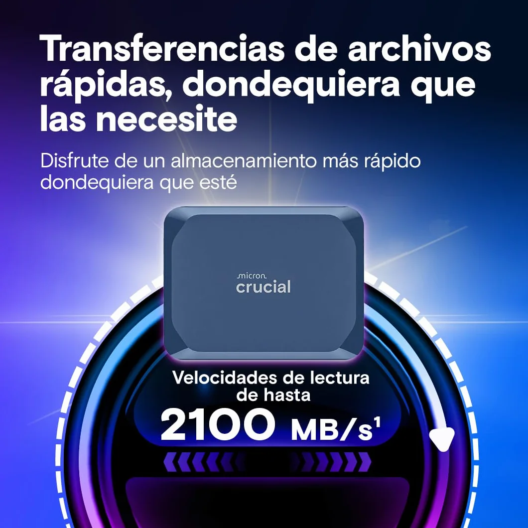 Crucial X10 2TB SSD Externo Portátil, hasta 2100MB/s, USB-C 3.2 Gen2, Clasificación IP65 de resistencia al agua y al polvo, Disco Duro Sólido Externo, Azul Mate - CT2000X10SSD9-02