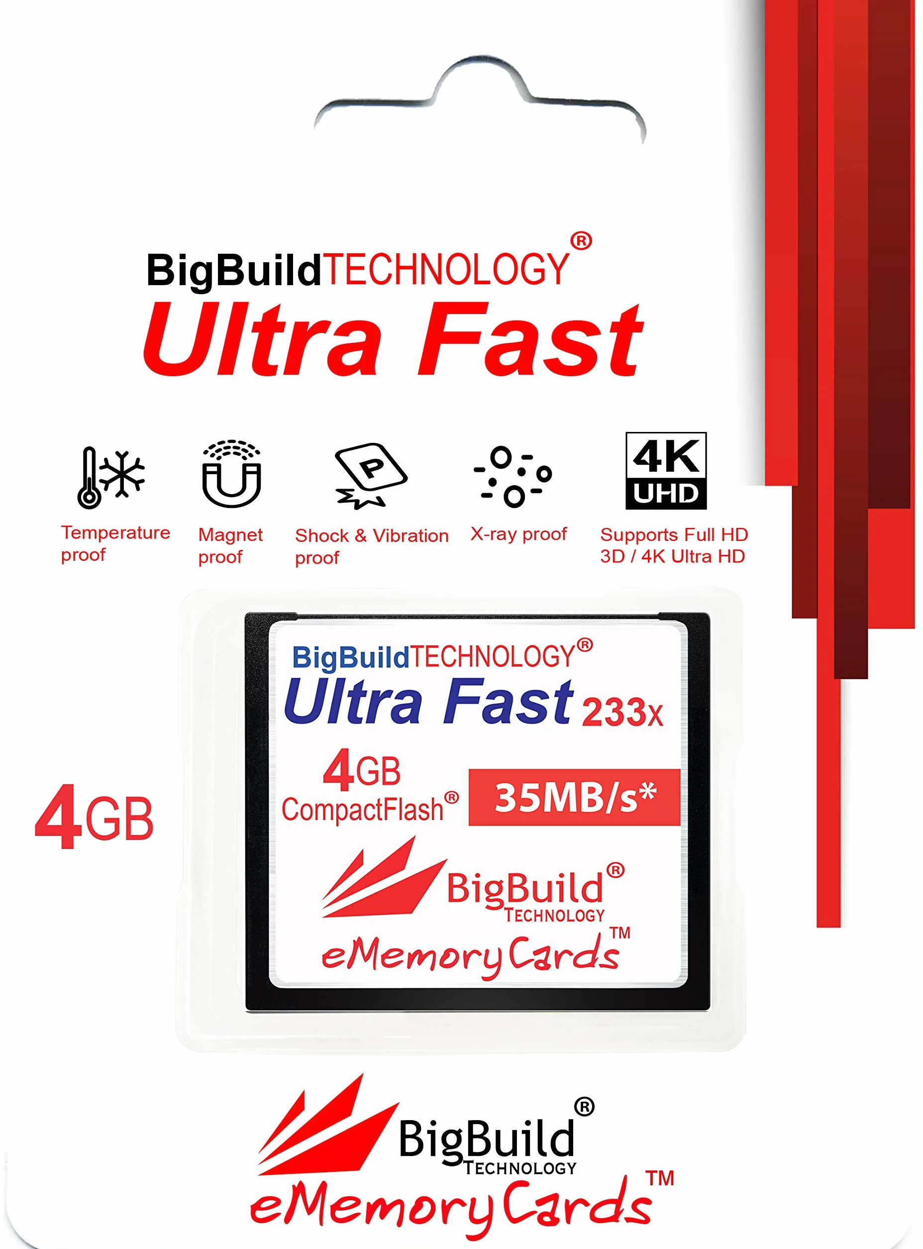 eMemoryCards Tarjeta de Memoria CompactFlash 4GB Ultra Fast 35MB/s Compatible con Canon 10D/20D/30D/40D/50D/1D/1Ds/5D/5Ds/7D Mark I/II/III/IV, Nikon D, Olympus E, Sony Alpha, Leica S Cameras