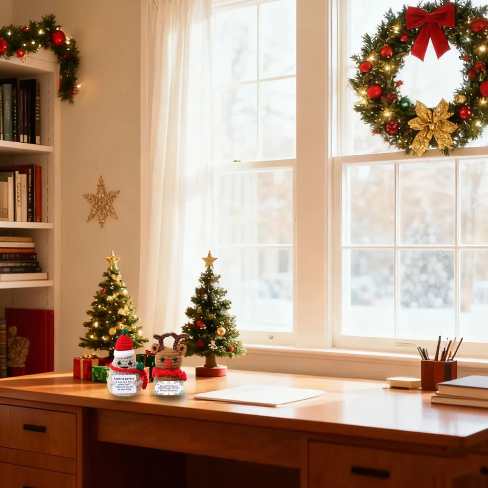 Alce de patata de ganchillo, divertido juguete de punto con tarjeta positiva, decoración de Navidad