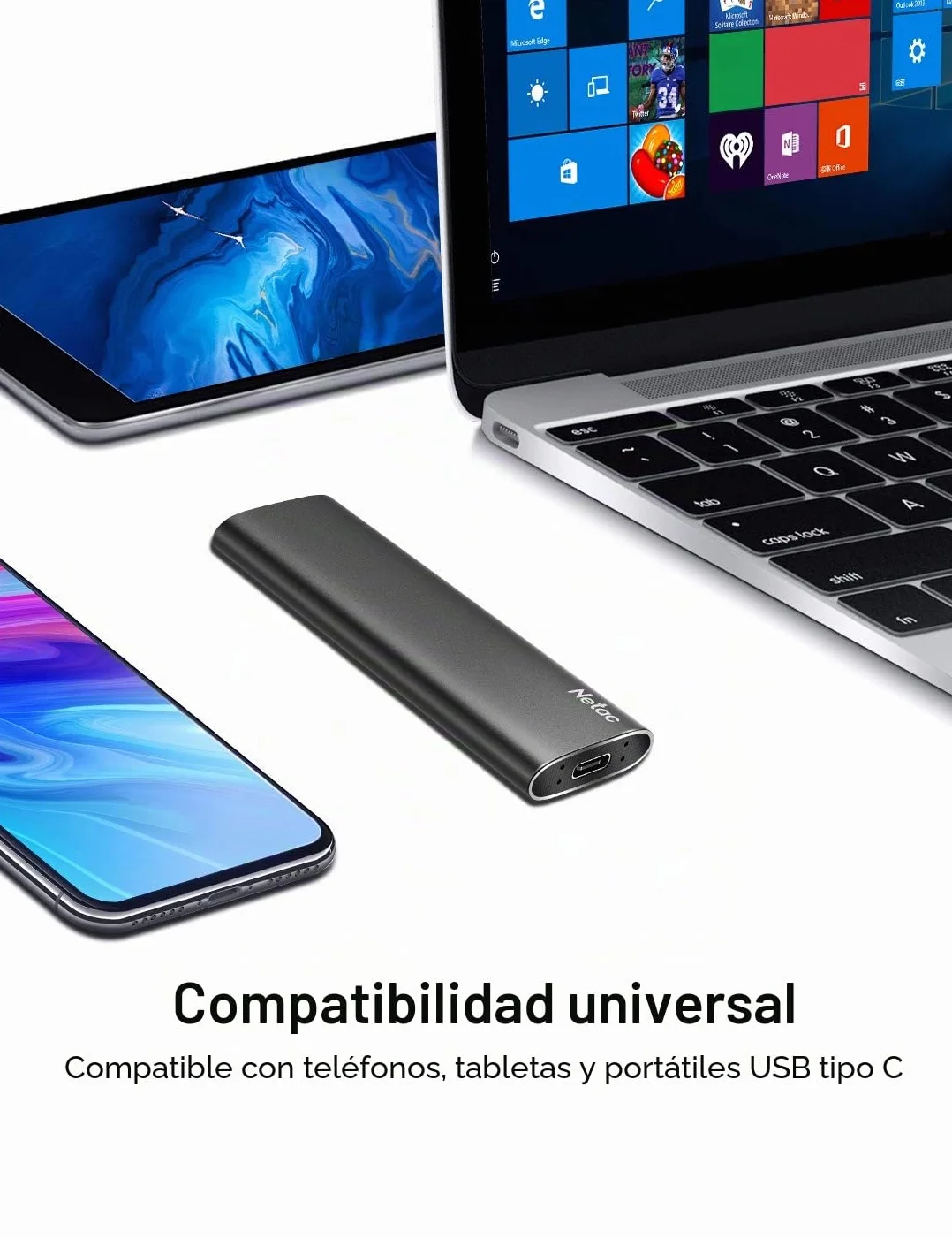 Netac 1TB Disco Duro Externo SSD USB 3.2 Tipo-C Gen 2 Portátil Unidad de Estado Sólido,Negro