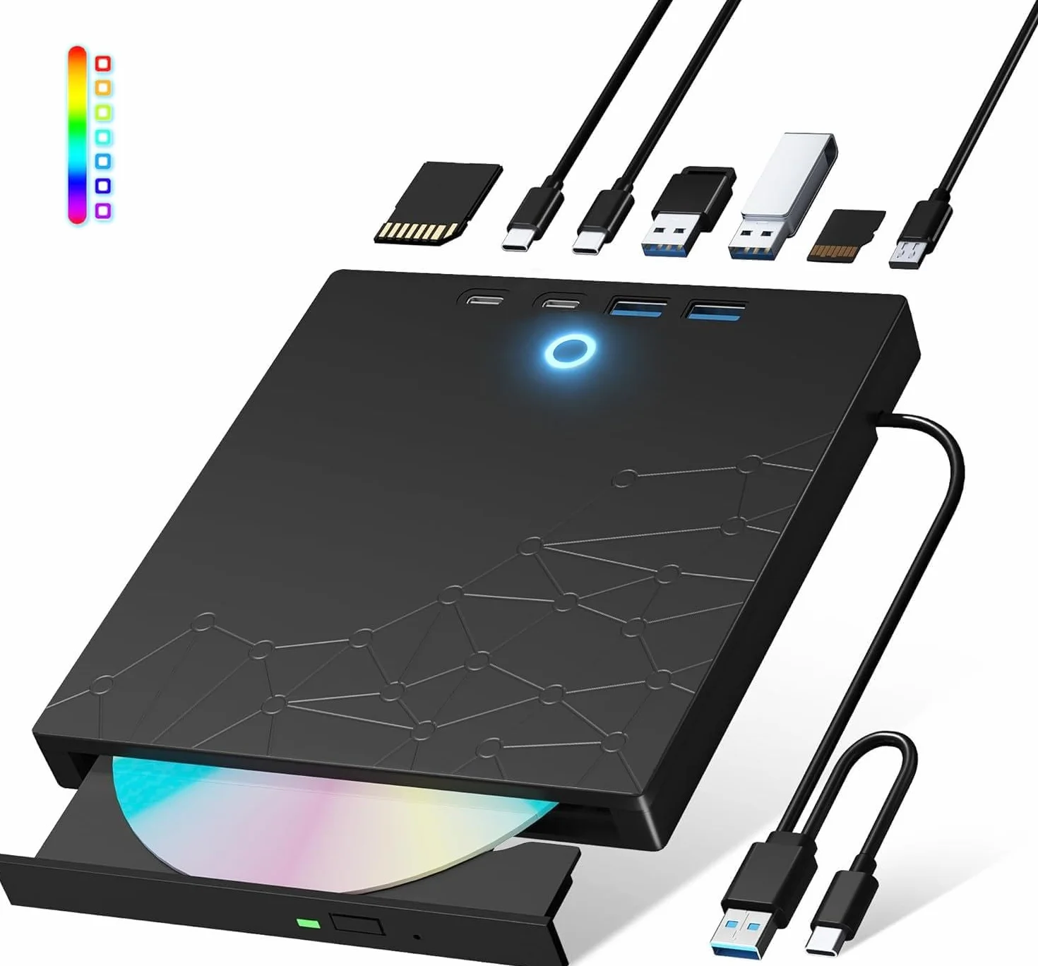 Unidad externa de CD/DVD para portátil, grabadora de DVD para laptop, 8 en 1, USB 3.0, reproductores de CD portátiles con puertos SD/TF, unidad de disco externa óptica para MacBook Windows 11