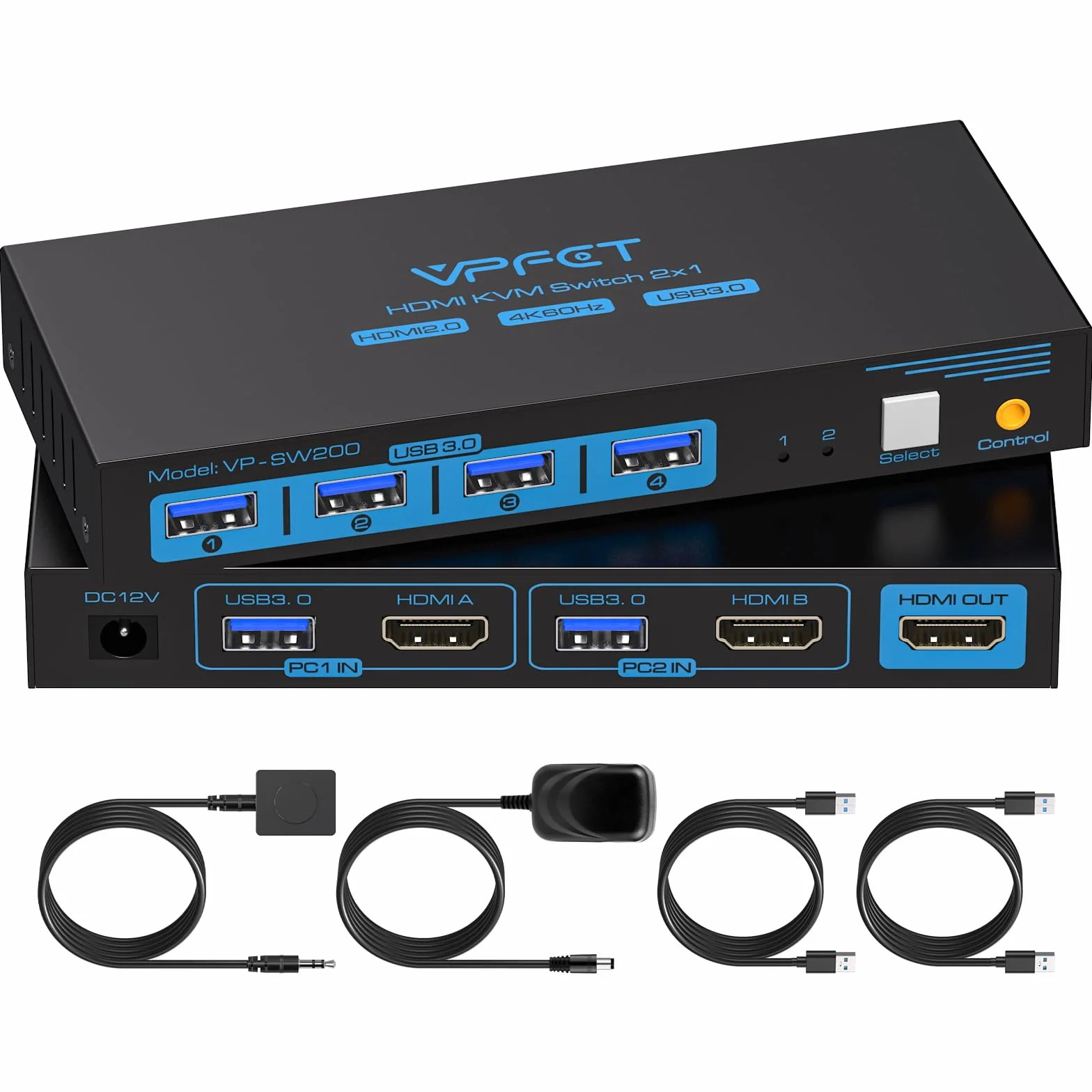 KVM Switch HDMI 2 PC 1 Monitor 4K@60Hz, Conmutador KVM USB 3.0, Doble PC Comparte 1 Pantallas y 4 USB Teclado, Ratón, Impresora, Pendrive, Incluye Fuente de Alimentación y Control de Escritorio