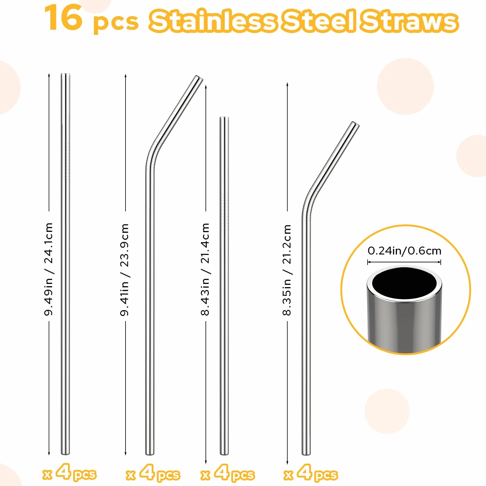 Set de 16 Pajitas Reutilizables de Acero Inoxidable – 8 Rectas y 8 Curvas con 2 Cepillos y Bolsa