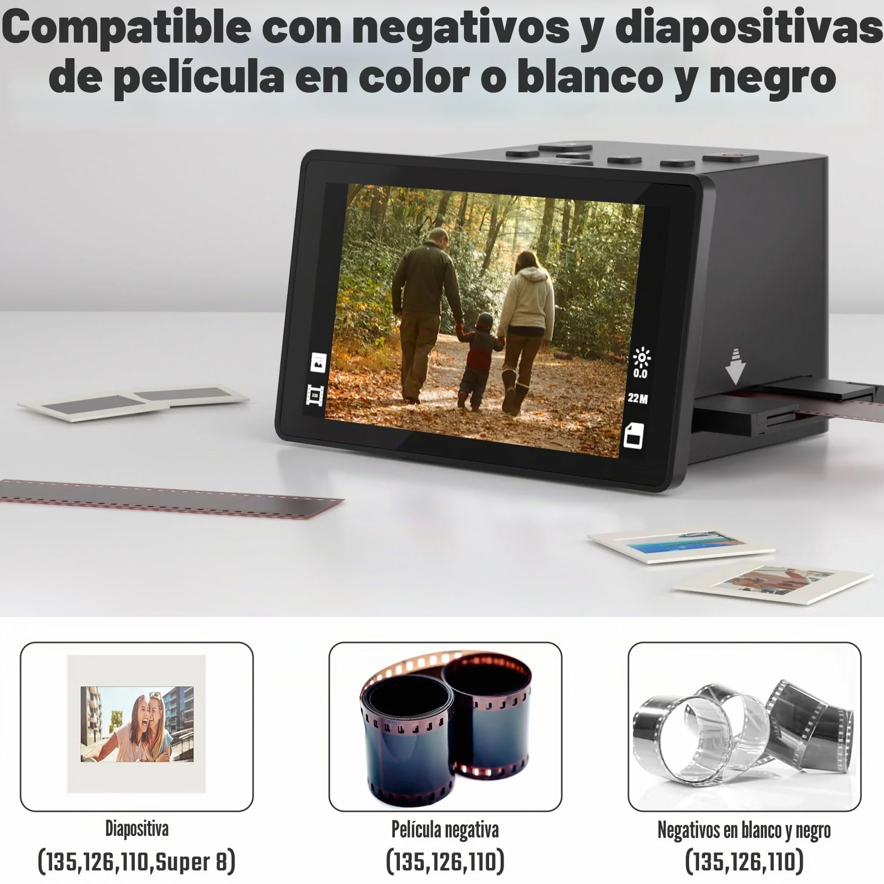 Escáner digital de películas y diapositivas con gran pantalla LCD de 5 pulgadas, escáner negativo y escáner de diapositivas para digitalizar, convierte 135, 126 KPK, 110 negativos y película Super 8 a