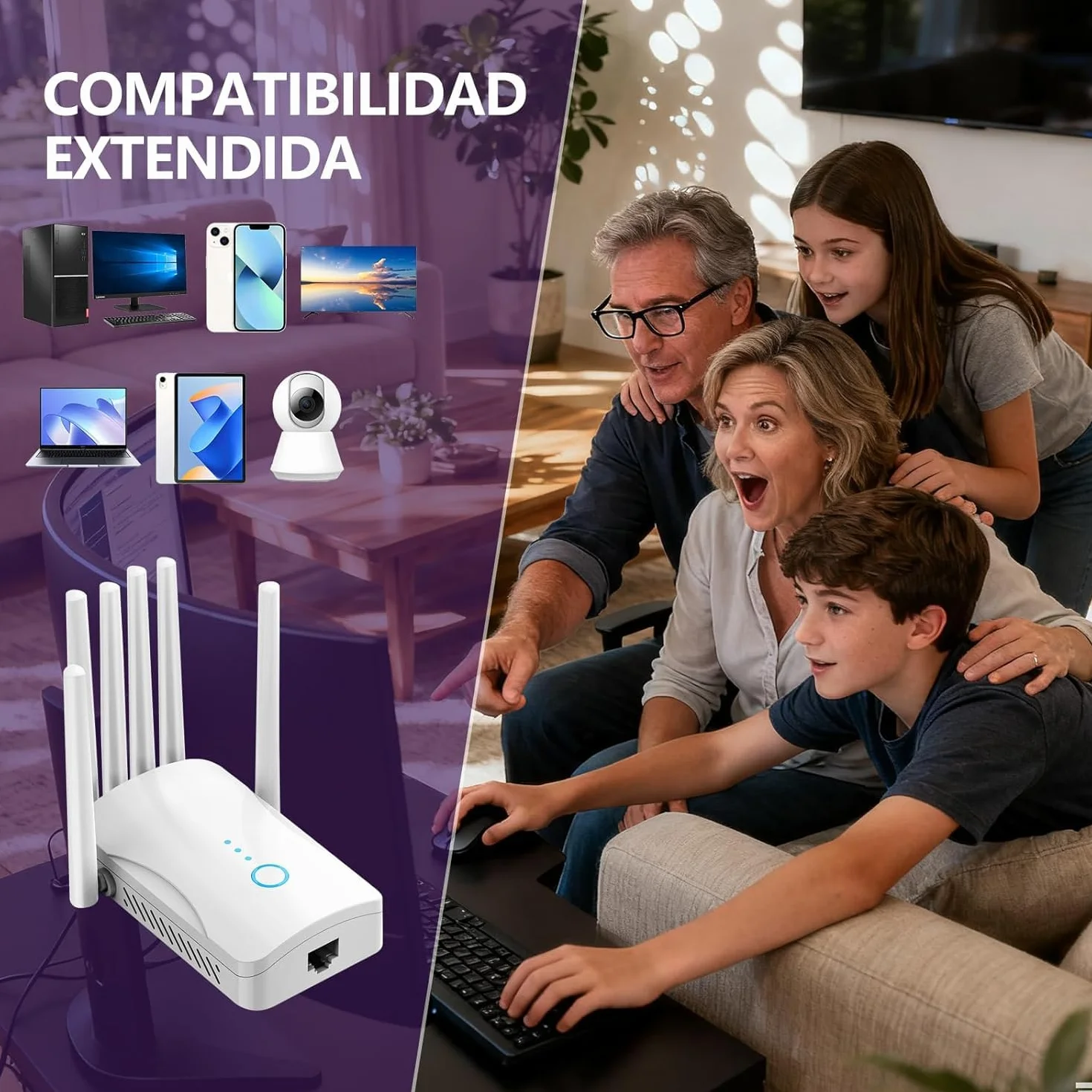 Repetidor WiFi Potente Amplificador Señal, Extender Largo Alcance 6 Antenas, Modo Repetidor/Ap, Cobertura 9000 ft², Hogar y Oficina, Instalación Sencilla