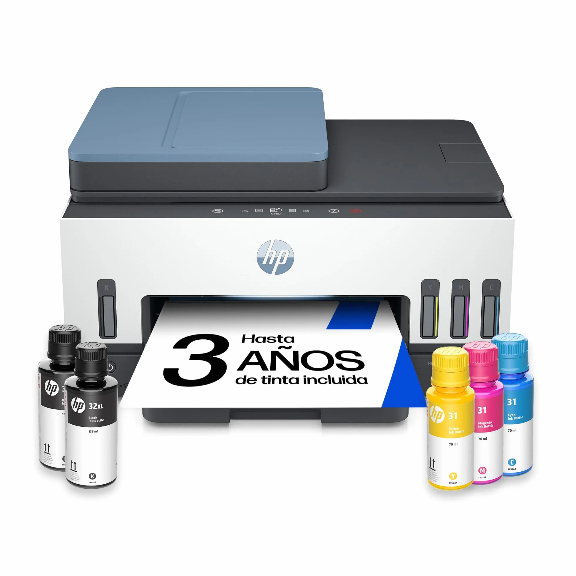 HP Smart Tank 7606 28C03A - Impresora A4 Multifunción con Deposito de Tinta Recargable, Impresión a Color, Escaner, Copiadora, Fax, Wi-Fi, Smart App, Blanco y Azul