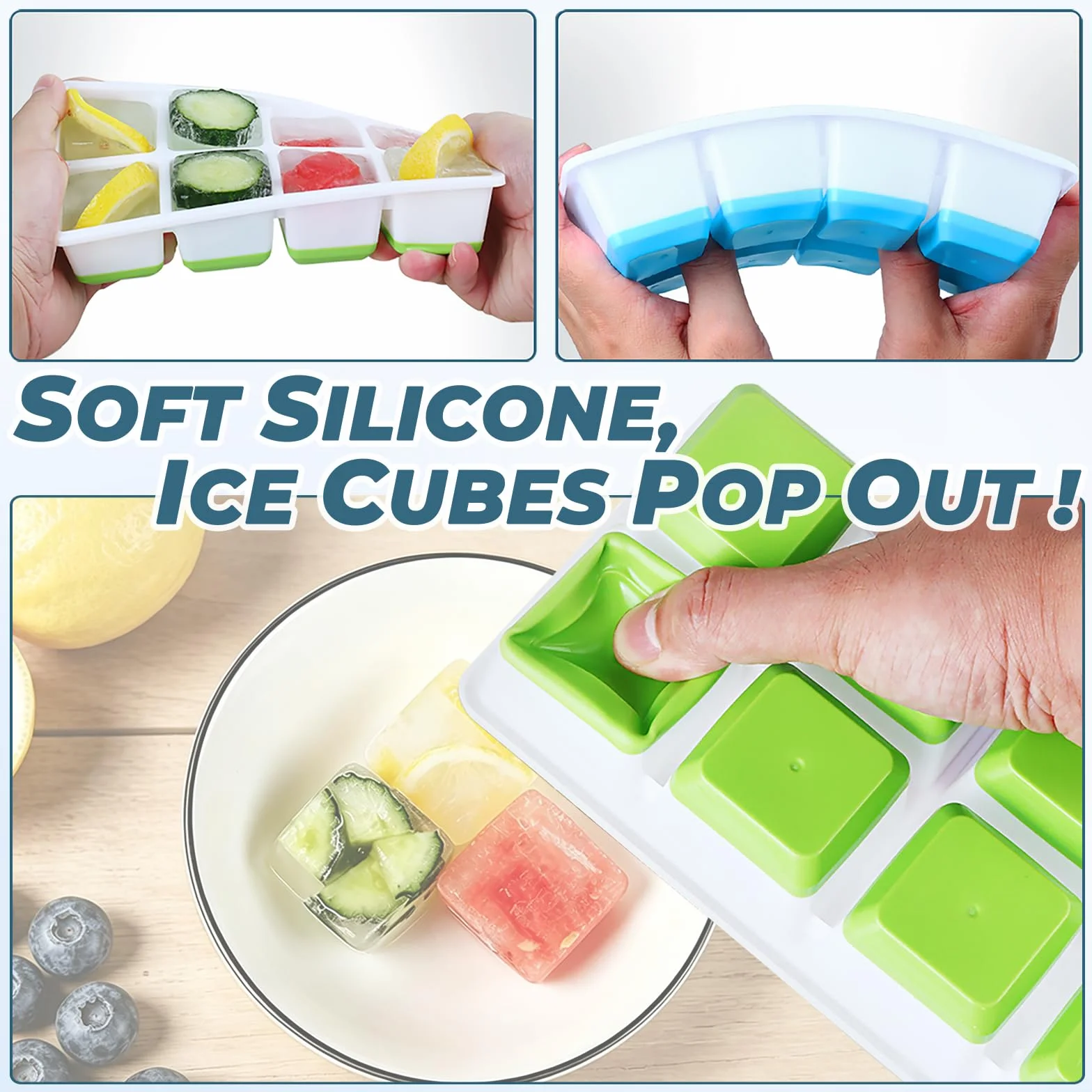 JRISBO Cubiteras para Hielo Grande 2 Piezas, Silicona con Tapa sin BPA Apilables Moldes de Hielo para Cóctel Whisky (Azul + Verde)