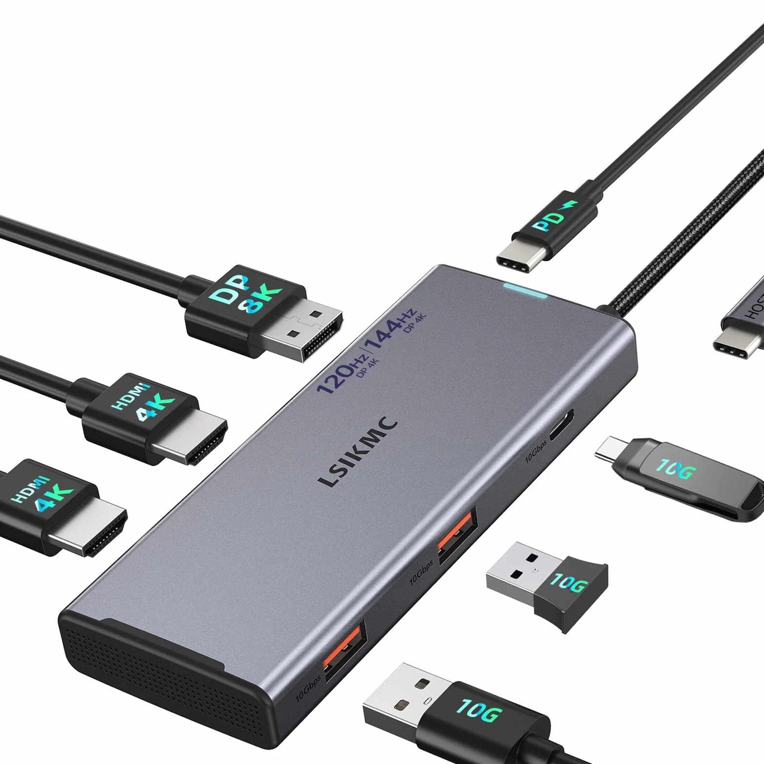 Estación de acoplamiento USB C, estación de acoplamiento 7 en 1 3 monitores con doble HDMI 4K@60Hz y DisplayPort único (8K@30Hz/4K@144Hz), 100W PD, 10Gbps 3USB, USB C Hub compatible con HP/Dell/Lenovo