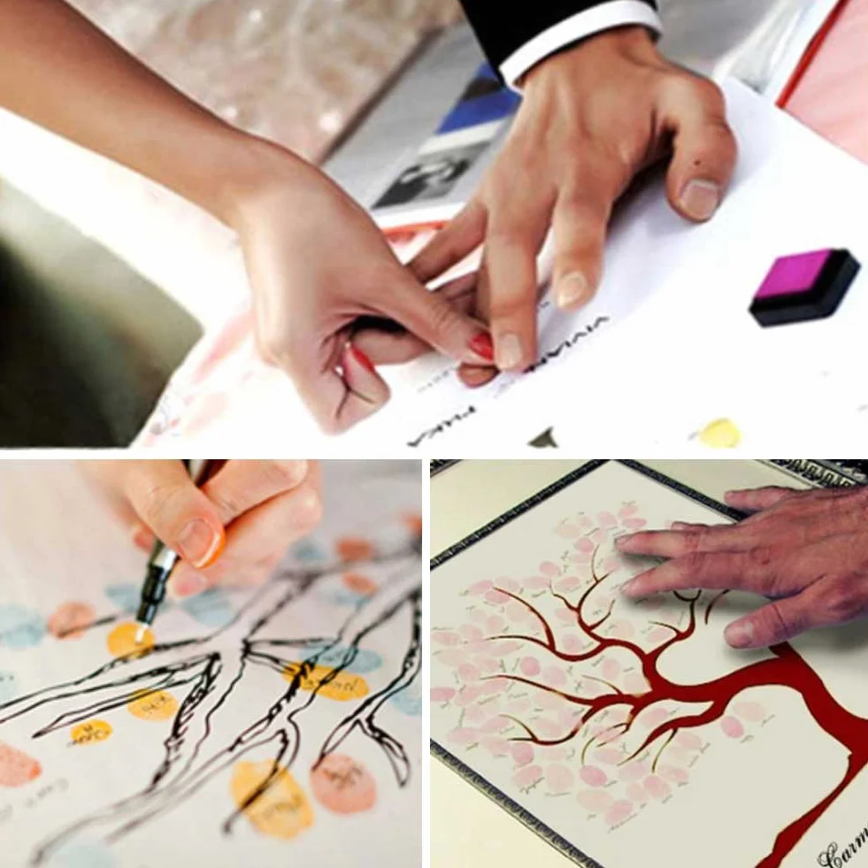 Kit Árbol de Huellas para Bodas con 6 Tintas + Marco para Cuadro, Libro de Firmas Nupcial 4 Diseños