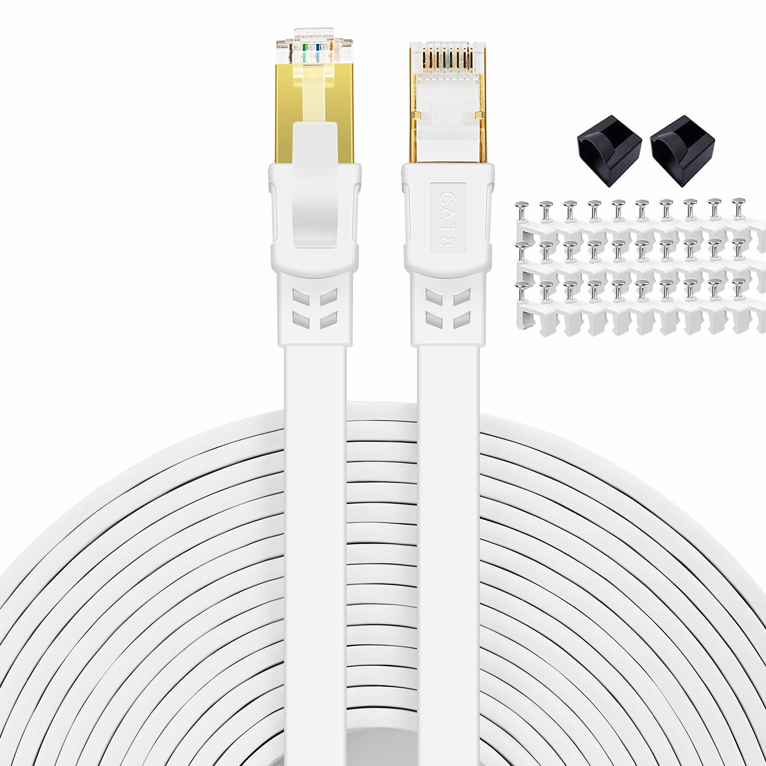 Cable Ethernet Cat 8 de 100 pies, cable plano de red de Internet RJ45, blindado de alta velocidad, 2000 MHz, 40 Gbps, cables de conexión LAN para exteriores, juegos, Xbox, PS4, router, compatible con