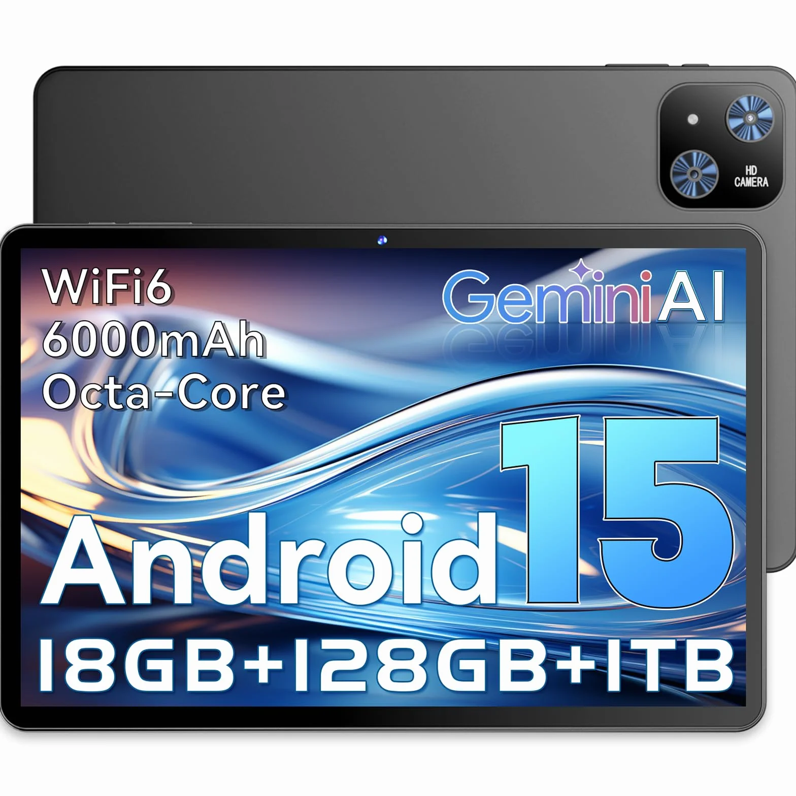 Tablet 10 Pulgadas Android 15 Negro, 6GB RAM (hasta 18GB con expansión) 128GB, Octa-Core T30, Pantalla IPS 1280x800, Batería 6000mAh, WiFi Dual, GPS, Desbloqueo Facial, Bluetooth, USB-C, TF hasta 1TB