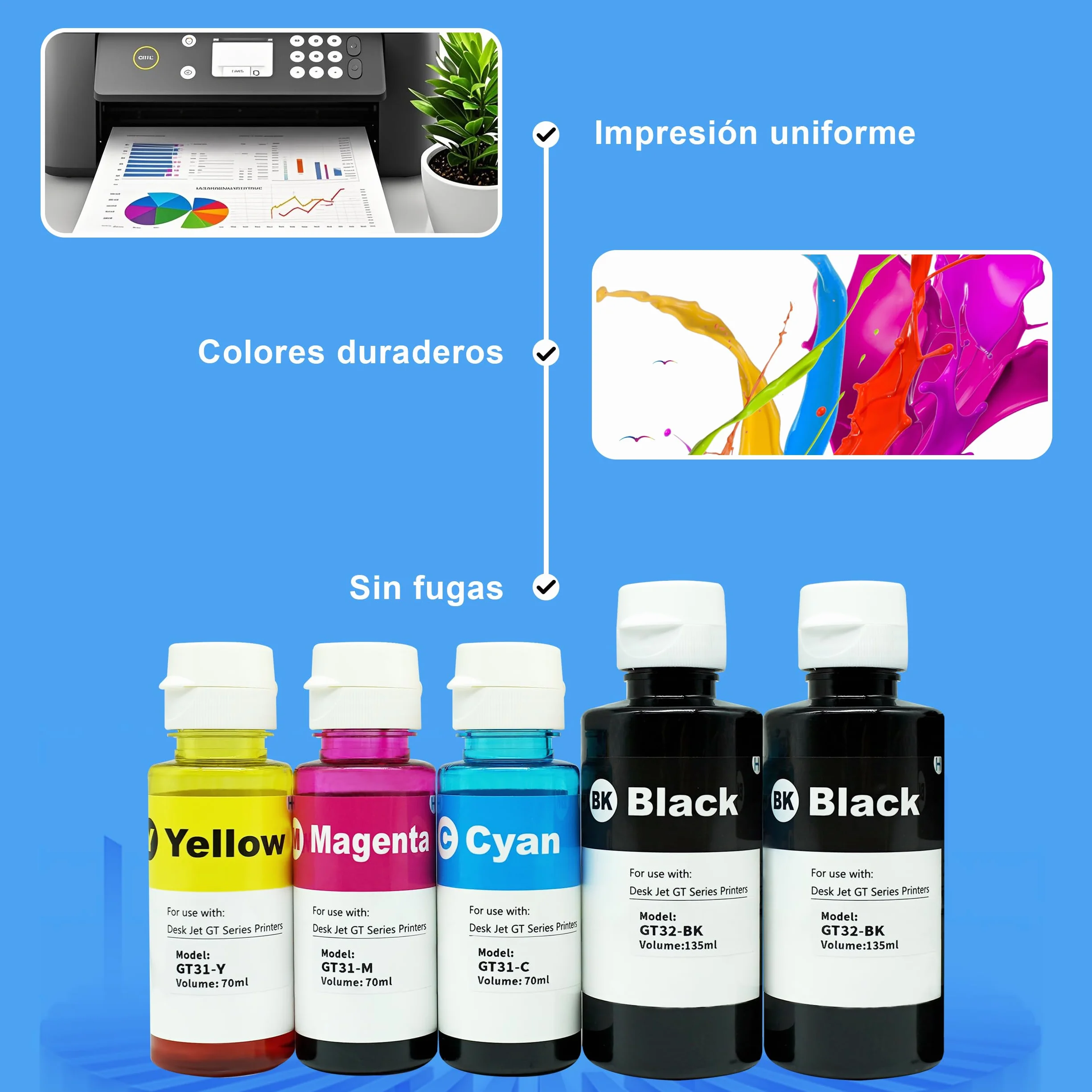 Tinta de impresora 31 32XL Tinta para HP 31xl 32xl Botellas de recarga de tinta para HP Smart Tank5105 5106 5107 7005 7006 7605 7305 7306 455 515 519 530 600 615 617 651 720 725 750 755(5Pack)