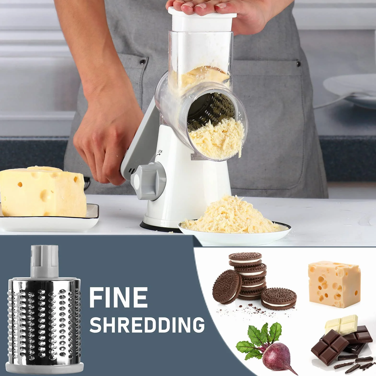 Rallador de Verduras Manual Cortador Mandolina con 3 Cuchillas Multifunción Blanco
