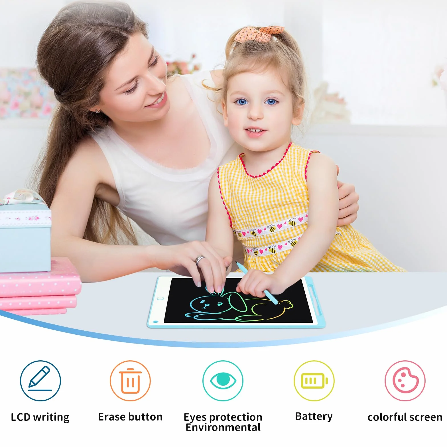Tableta Escritura LCD Color 10.5 Pulgadas, Tablet Escritura Niños, Pizarra Digital con Botón De Eliminación de Pantalla e Interruptor de Bloqueo para Juegos para 2 3 4 5 6 7 Años, Azul