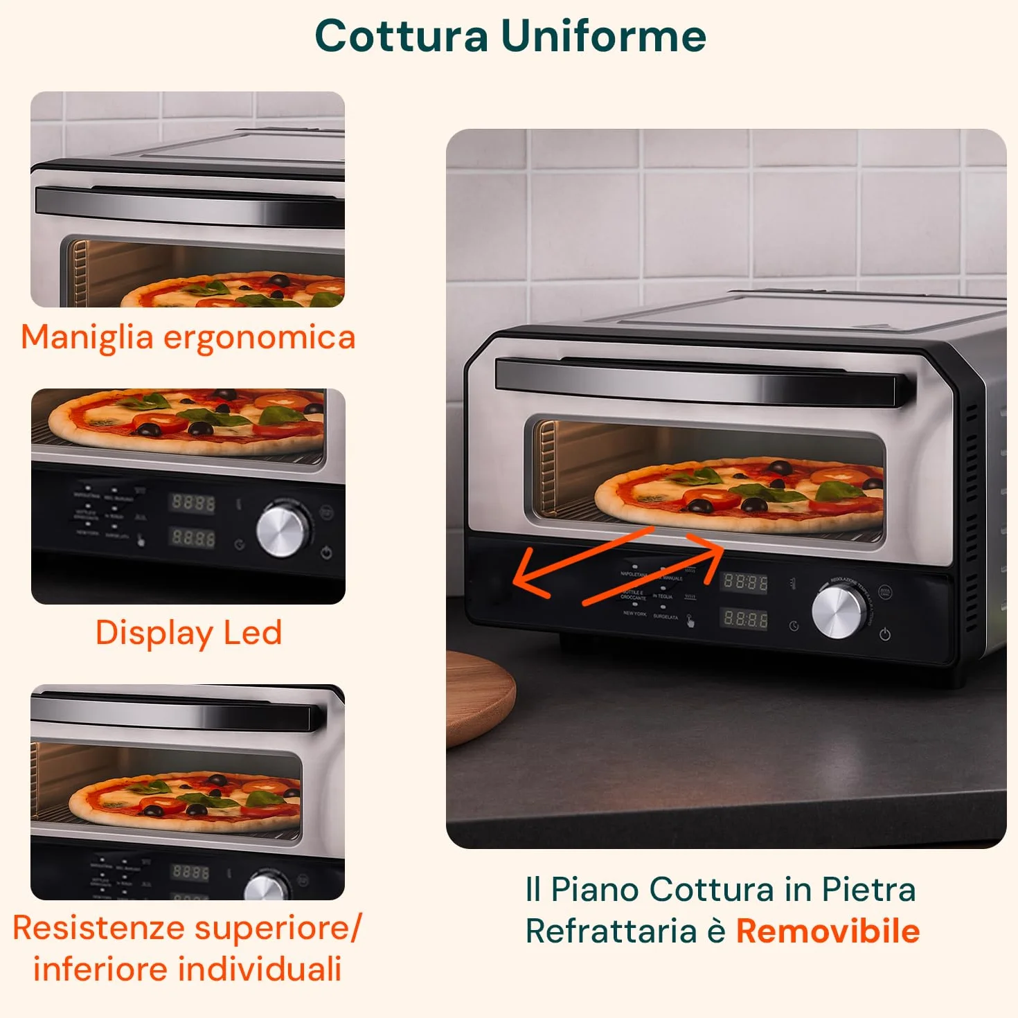 Horno eléctrico para pizza Avilia 400°C con pantalla digital y 6 programas de cocción, acero inoxidable