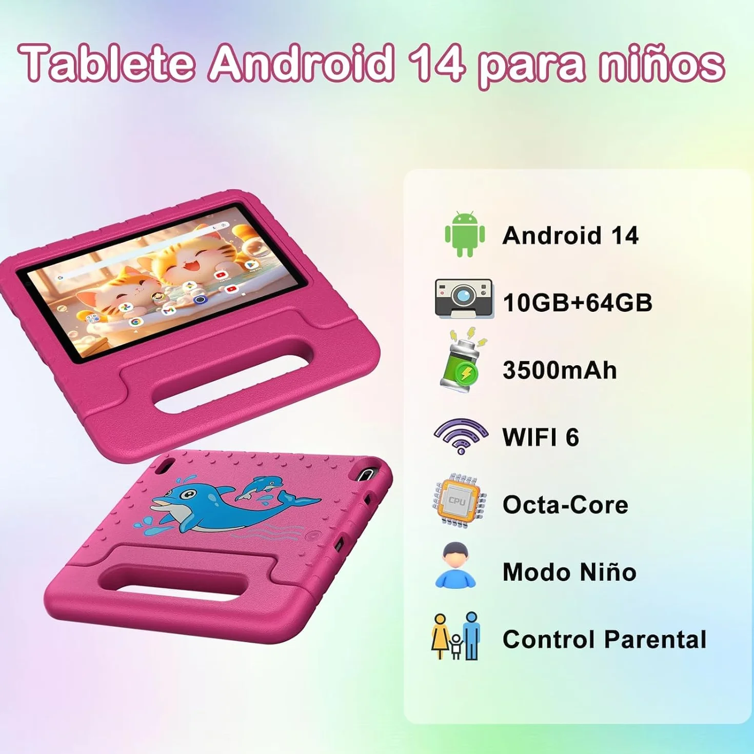 Tablet para Niños 7 Pulgadas,Android Niños Tablet, 10GB RAM + 64GB ROM/TF 512GB, Kids Educativos | Control Parental | Octa-Core 1.8GHz | 5G WiFi 6 | Cámara Dual | BT5.0,con Funda EVA Rojo
