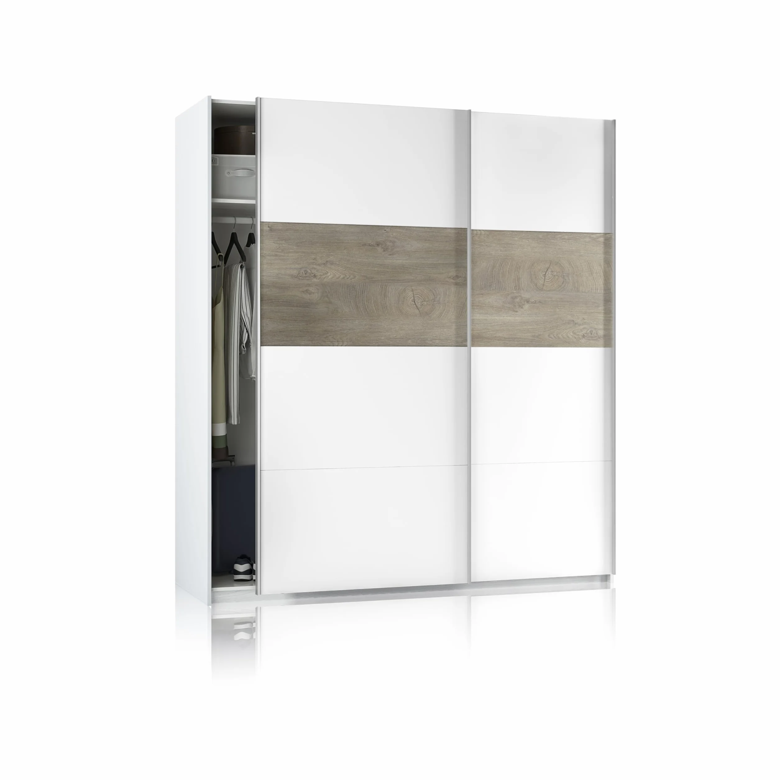 duehome | Armario 2 Puertas Correderas para Dormitorio o Habitación, Modelo Brike, Acabado en Blanco Artik y Roble Alaska, Medidas: 180 cm (Largo) x 200 cm (Alto) x 60 cm (Fondo)